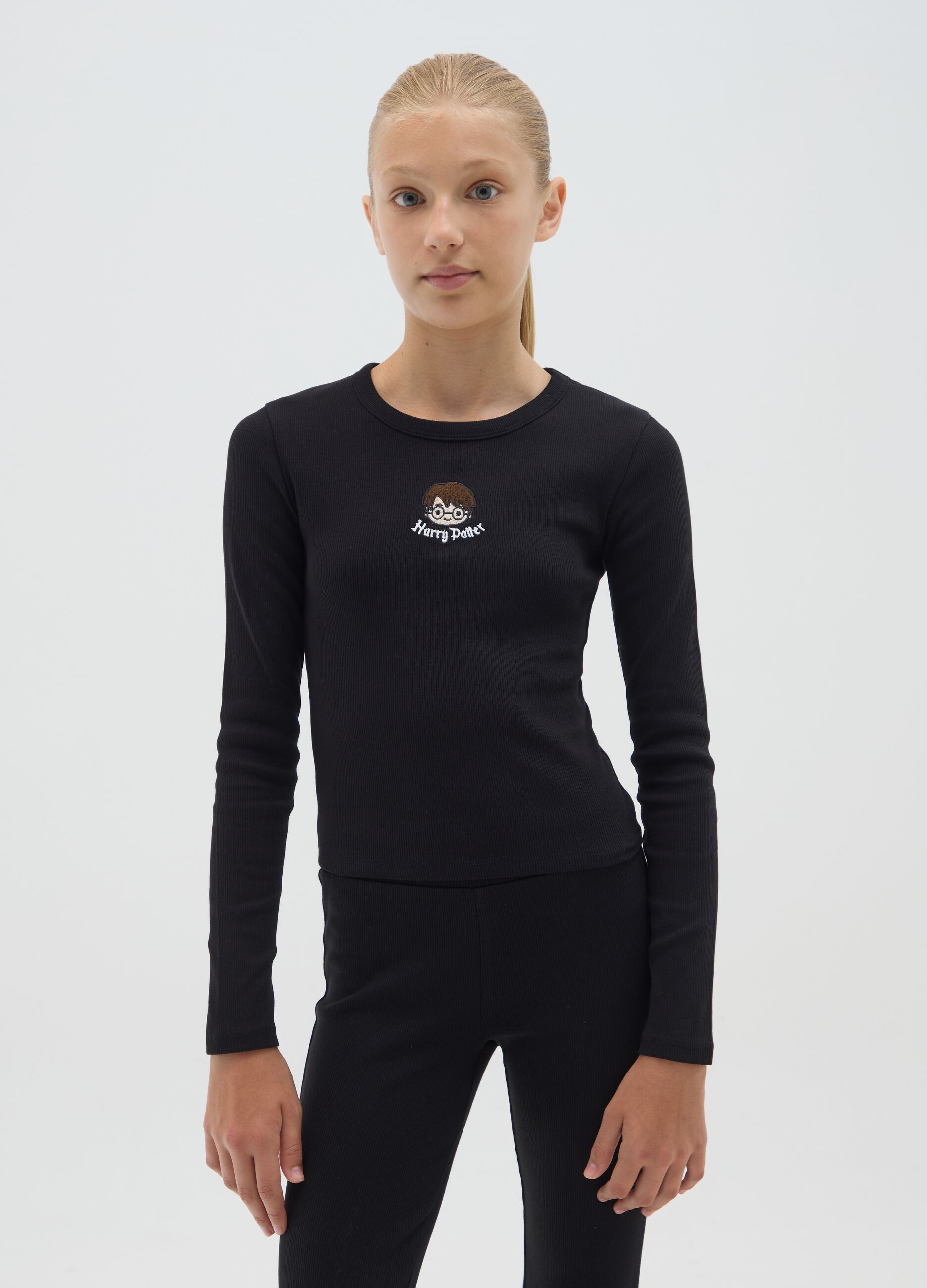 Girl's black regular fit stretch cotton top