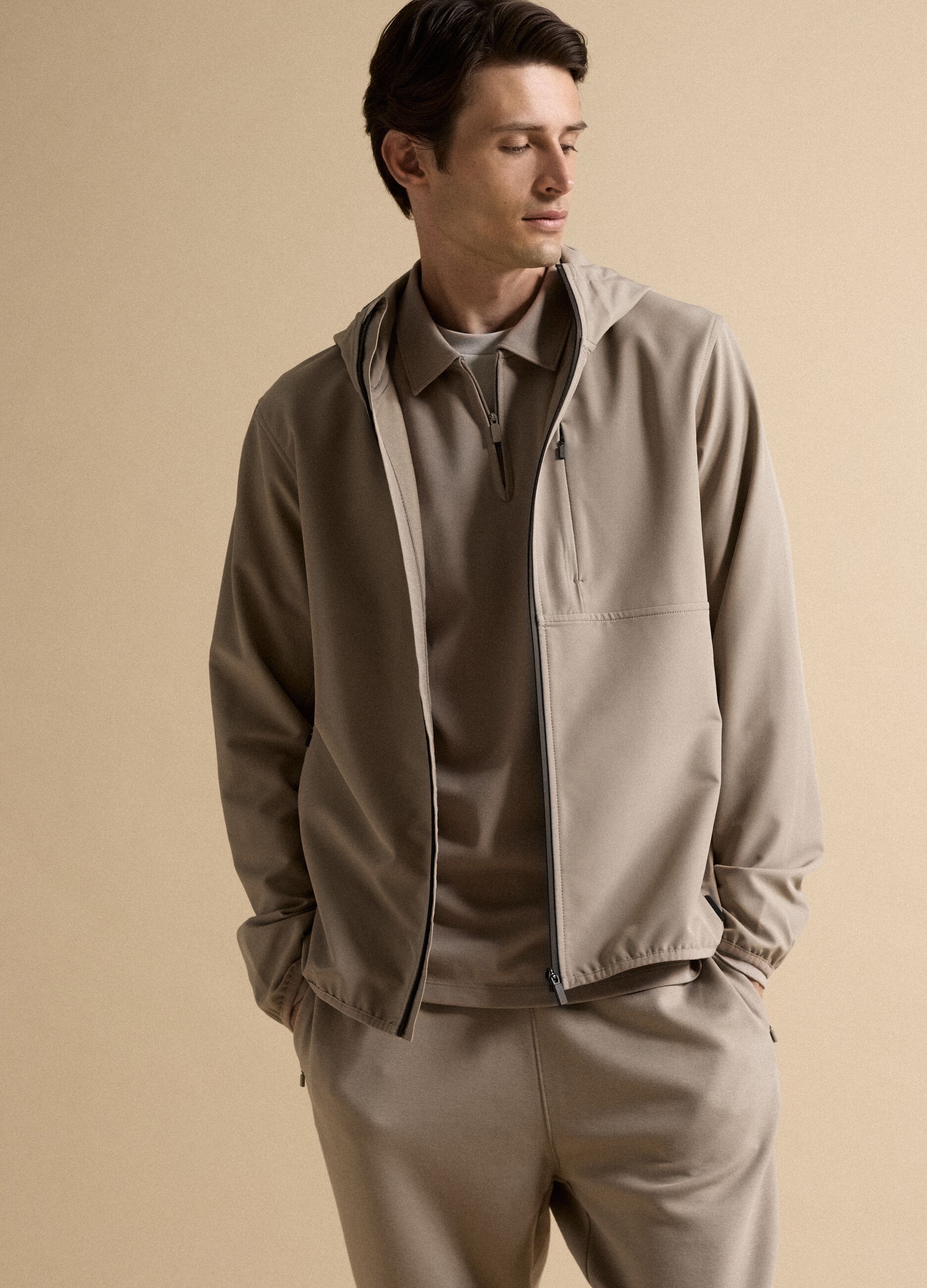 Beige hooded jacket in stretch fabric, regular fit