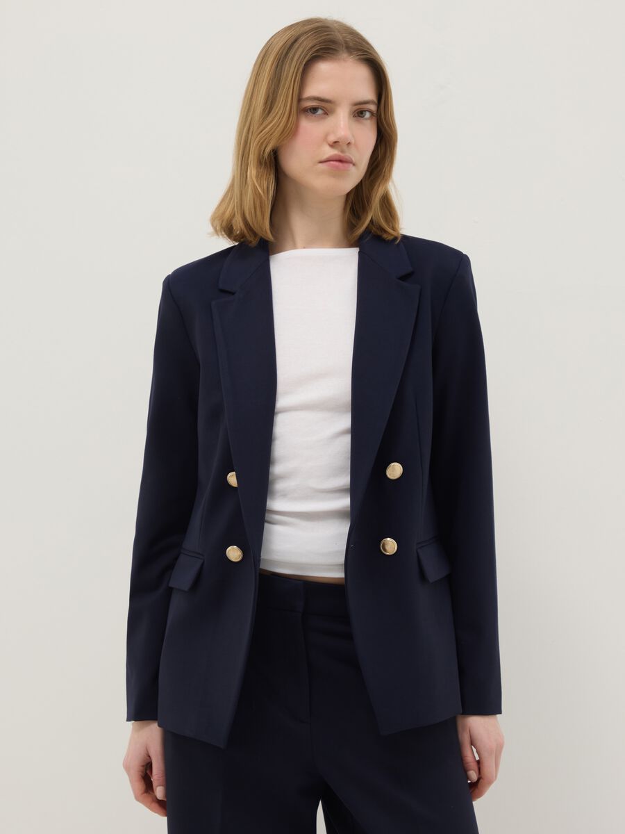 Blue Slim Fit Stretch Blazer with Buttons_0