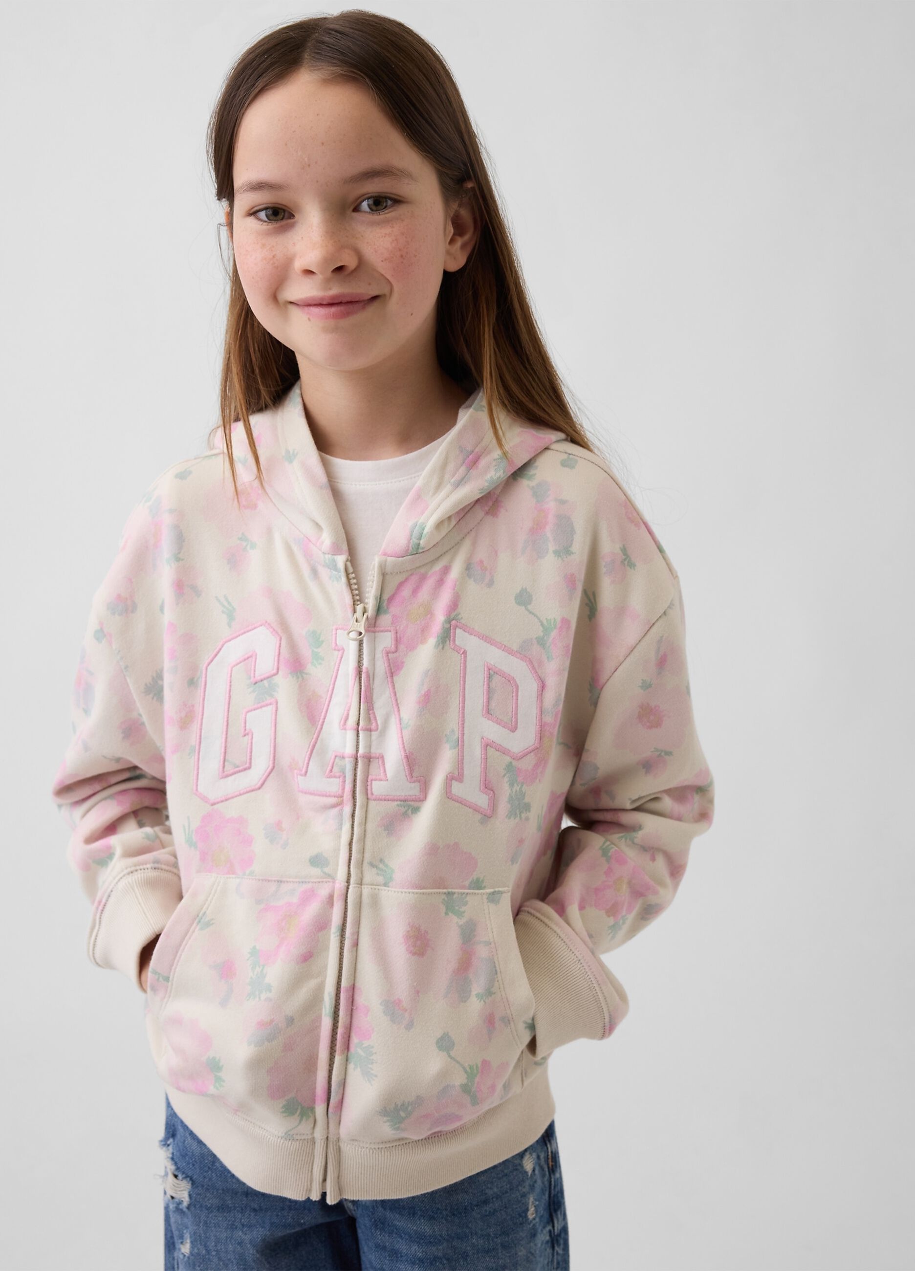Multicoloured cotton blend girl's sweatshirt with floral pattern