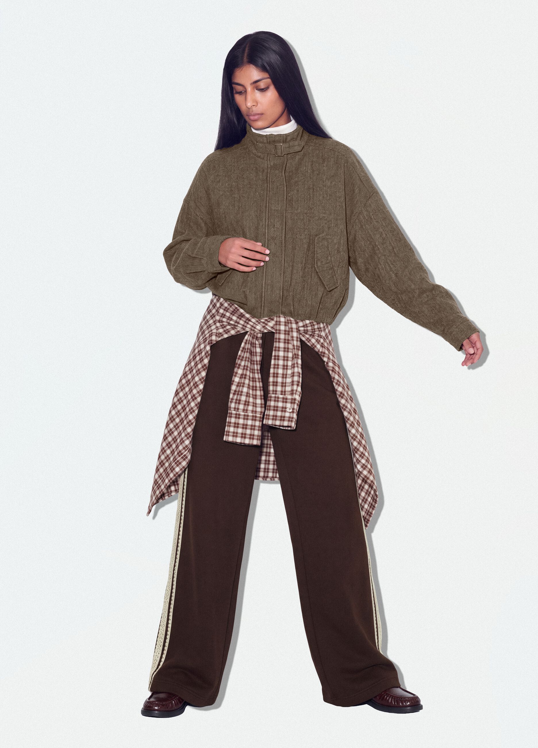 Brown cotton-blend wide-leg trousers with lace embroidery
