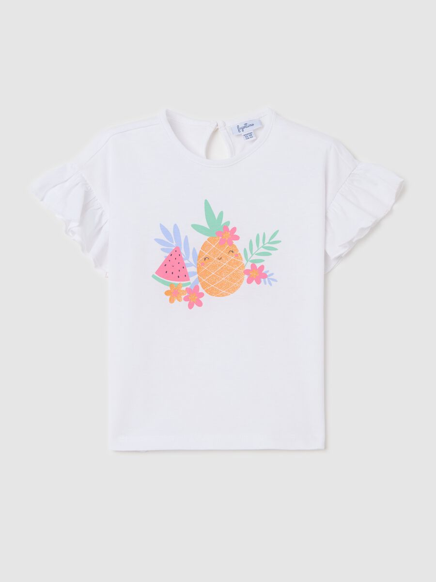 White cotton T-shirt with frills and print_0
