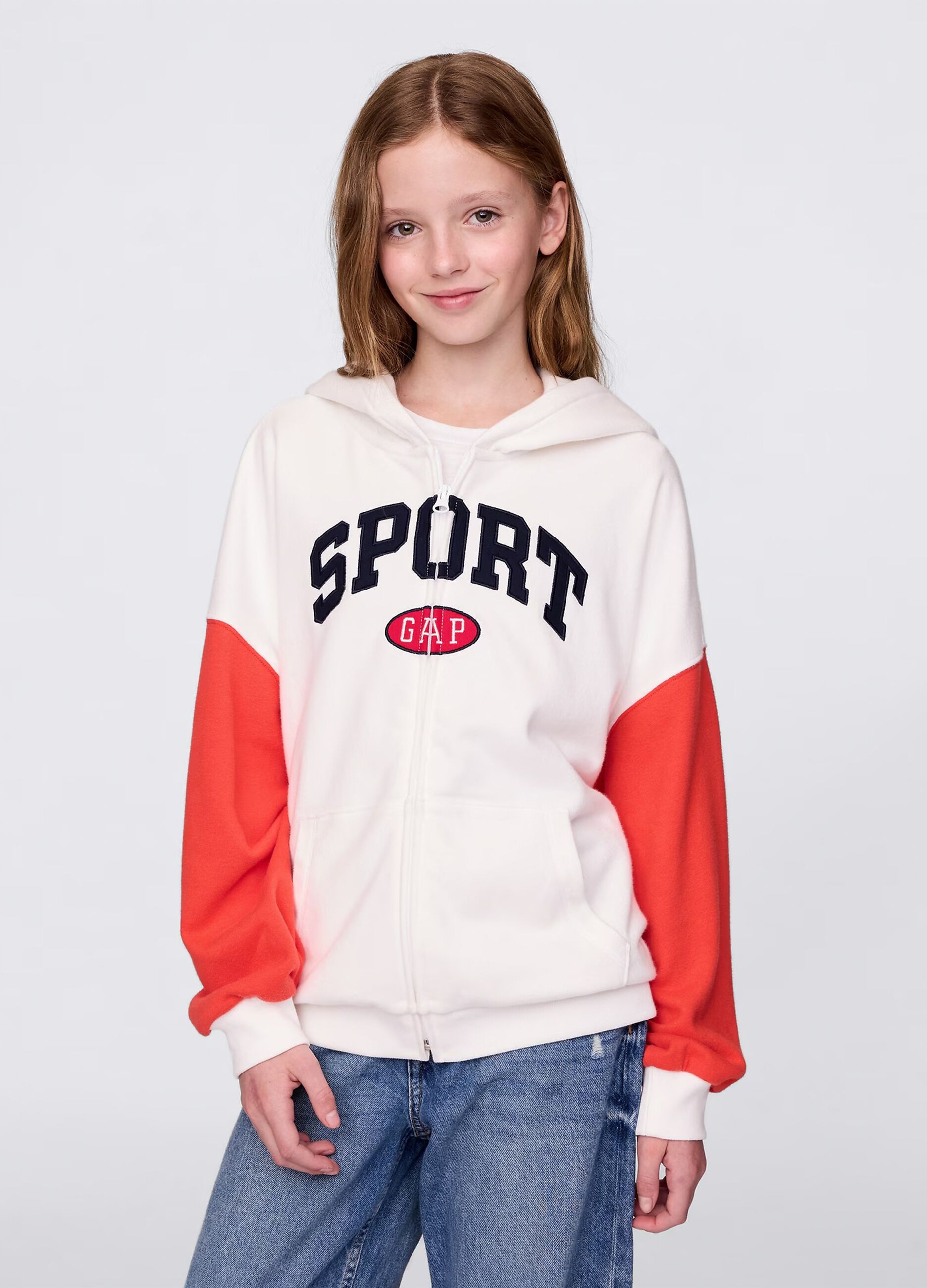White and red full-zip sweatshirt with hood and logo embroidery
