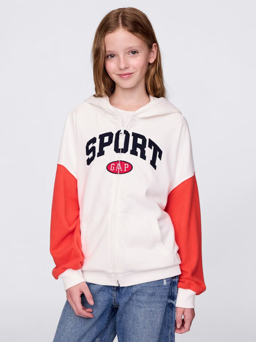 White and red full-zip sweatshirt with hood and logo embroidery_0