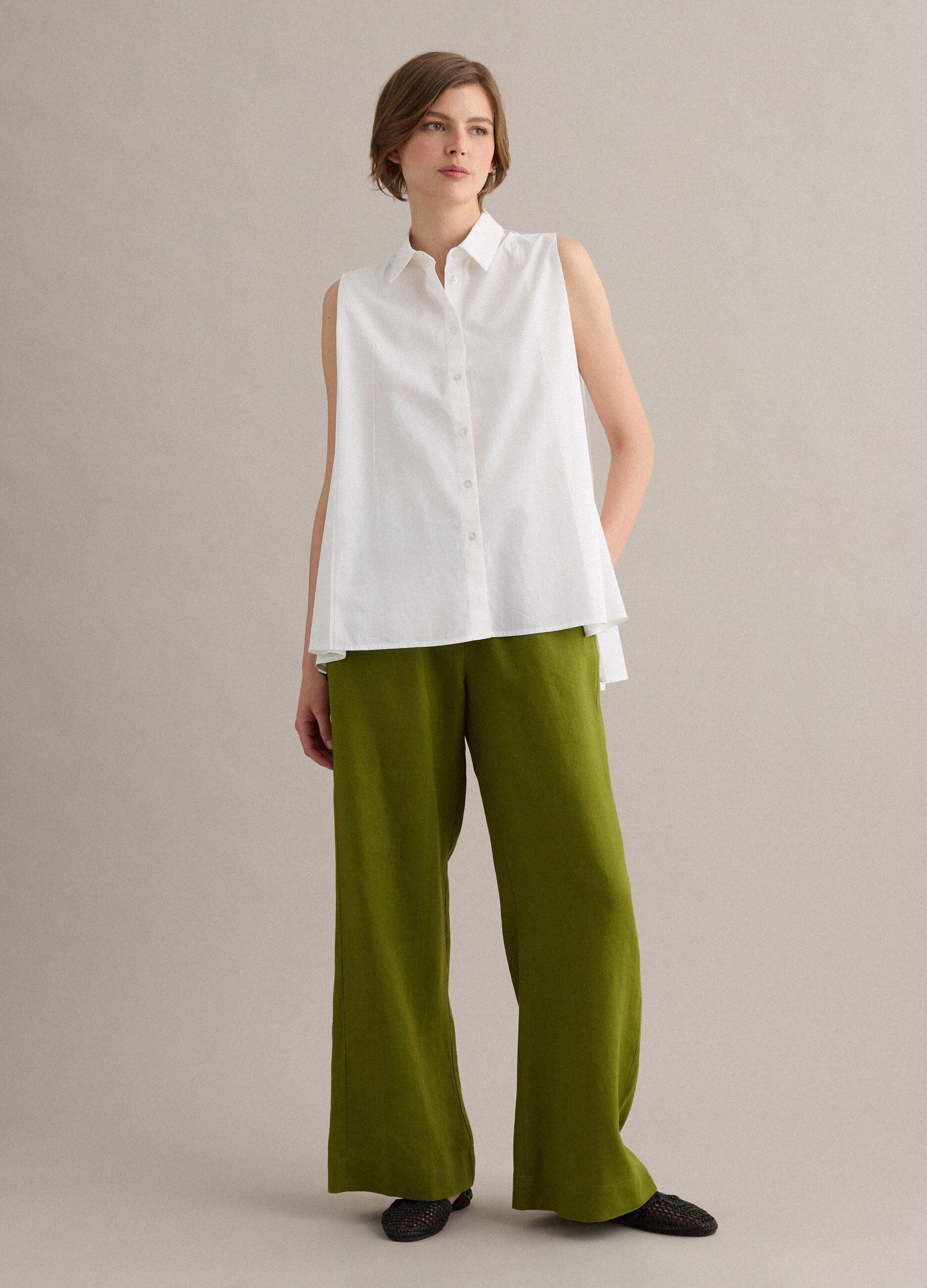 Green pure linen drawstring trousers, straight fit