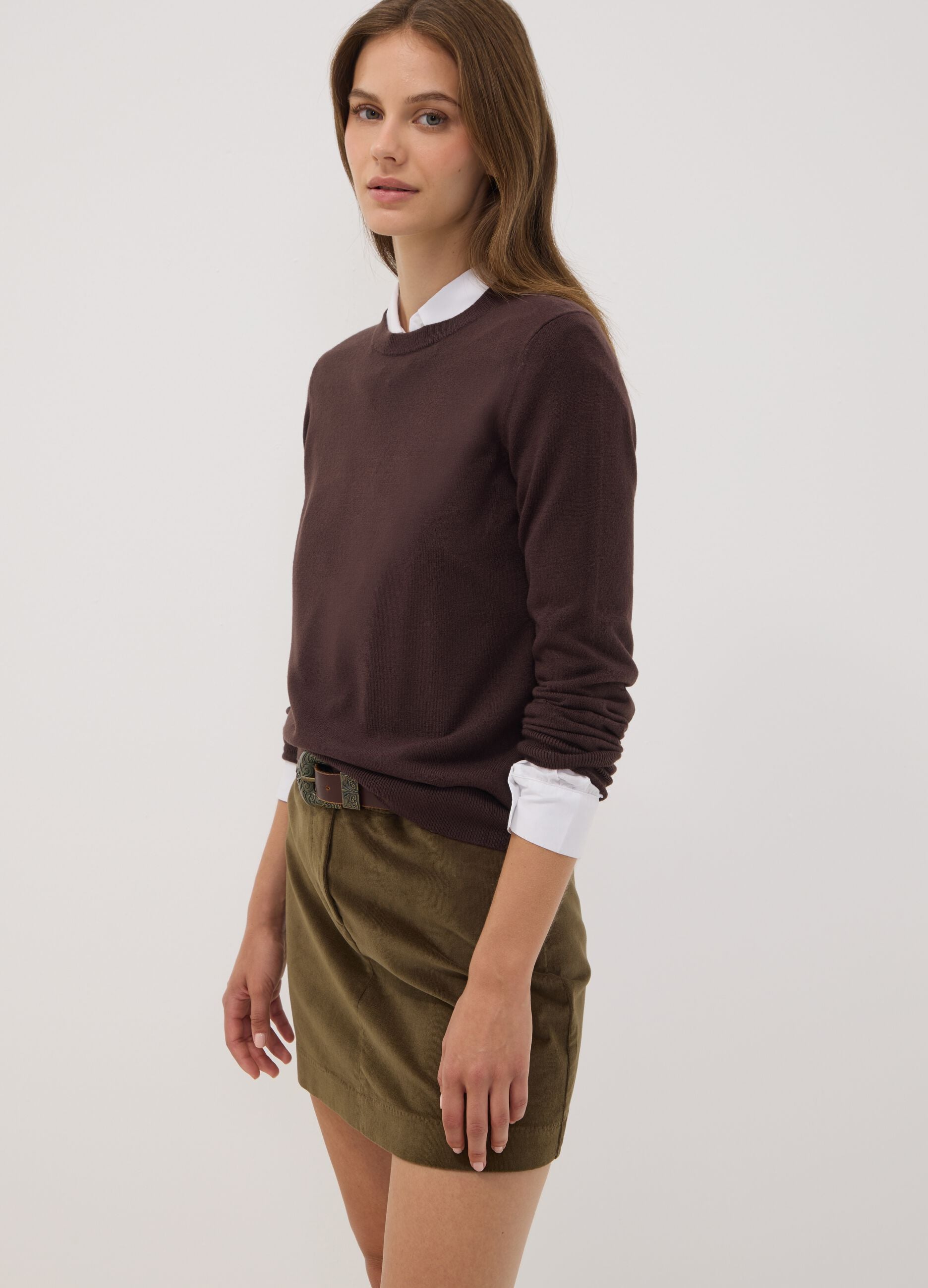 Brown crew-neck long-sleeve regular-fit top