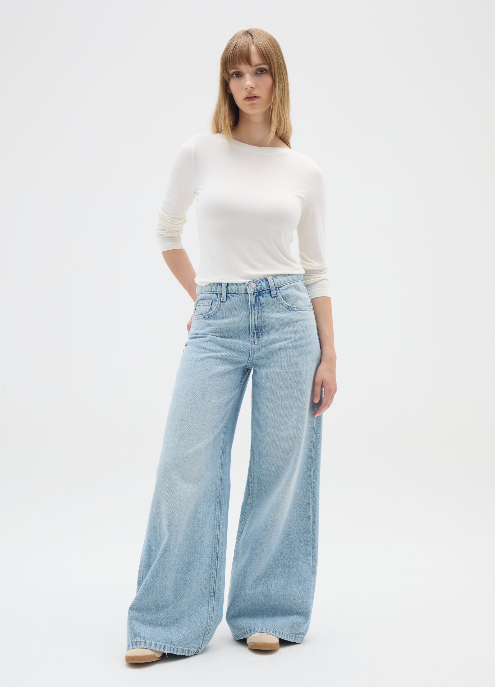 Regular fit beige stretch viscose t-shirt