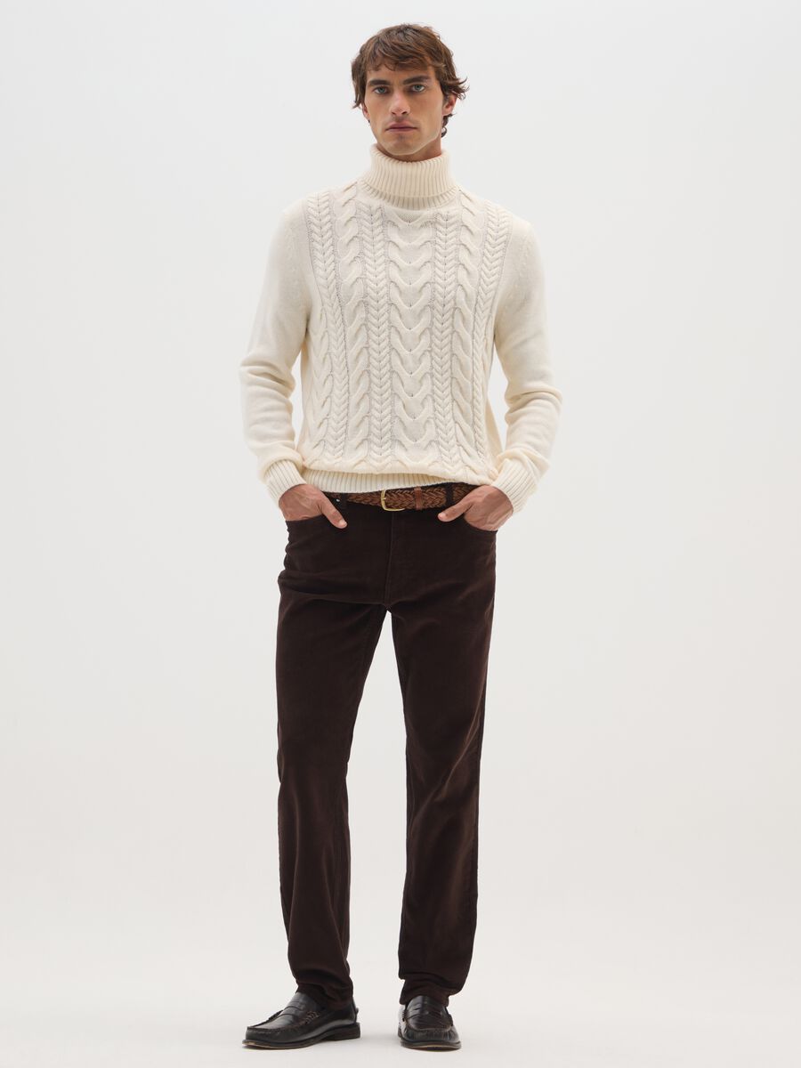 Brown slim fit ribbed stretch cotton trousers_0