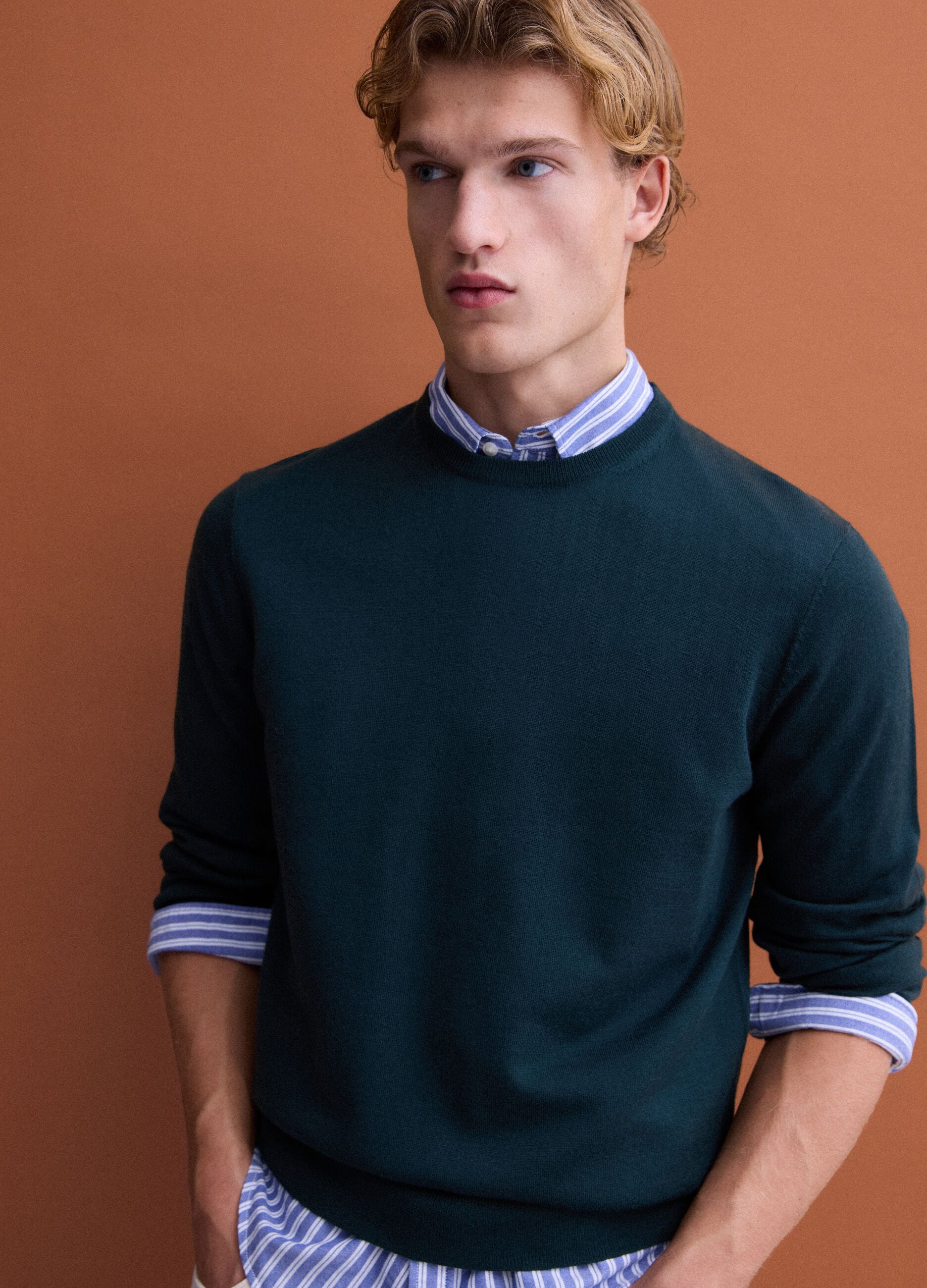 Green crew-neck pure merino wool jumper, regular fit