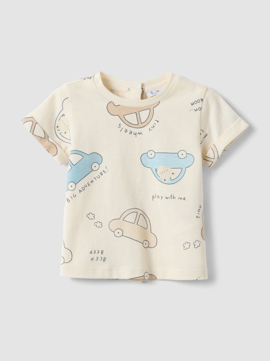 T-shirt in puro cotone beige da neonato regular fit con stampe_0