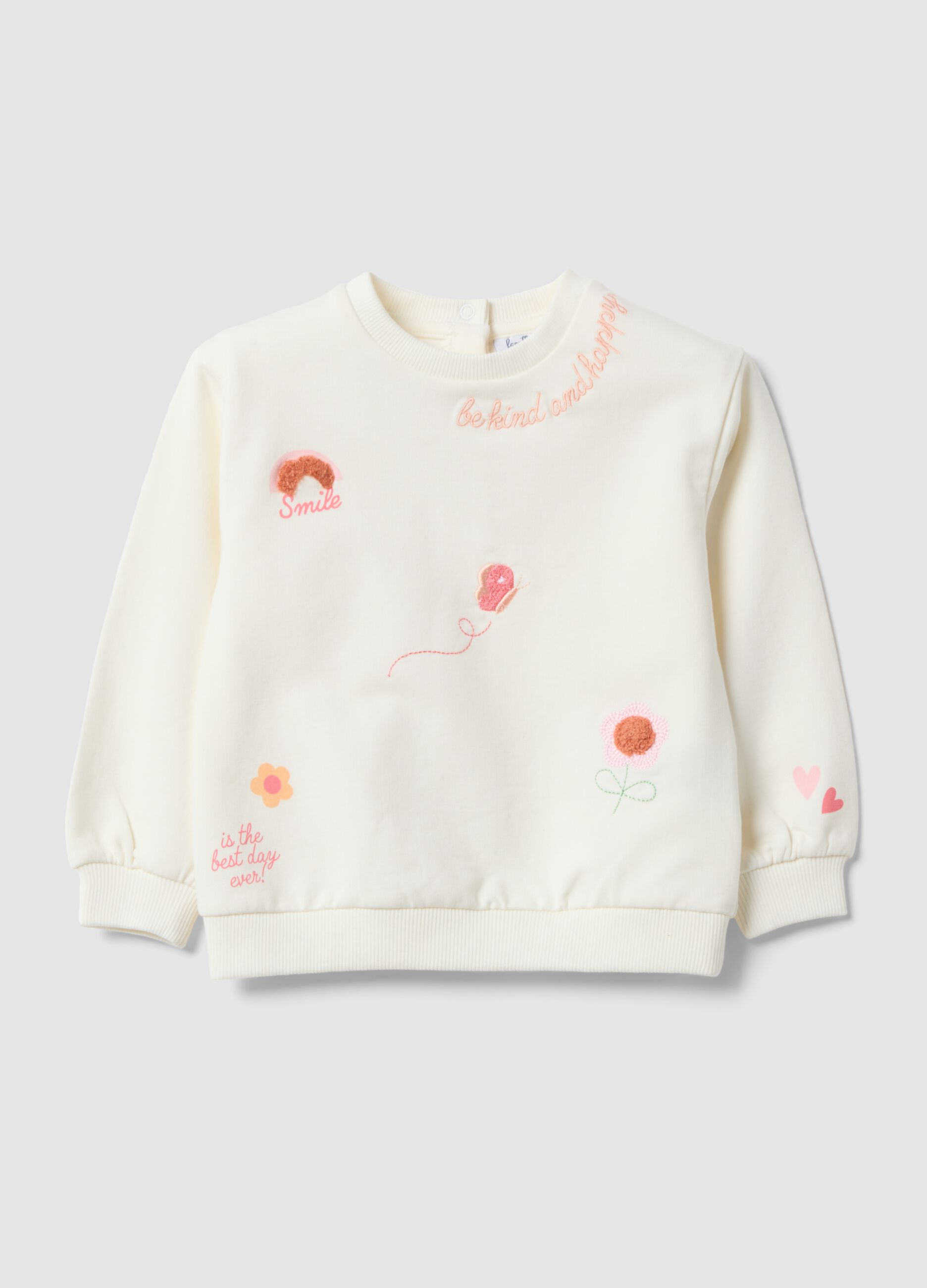 White stretch cotton sweatshirt with embroidered detail for baby girl, regular fit