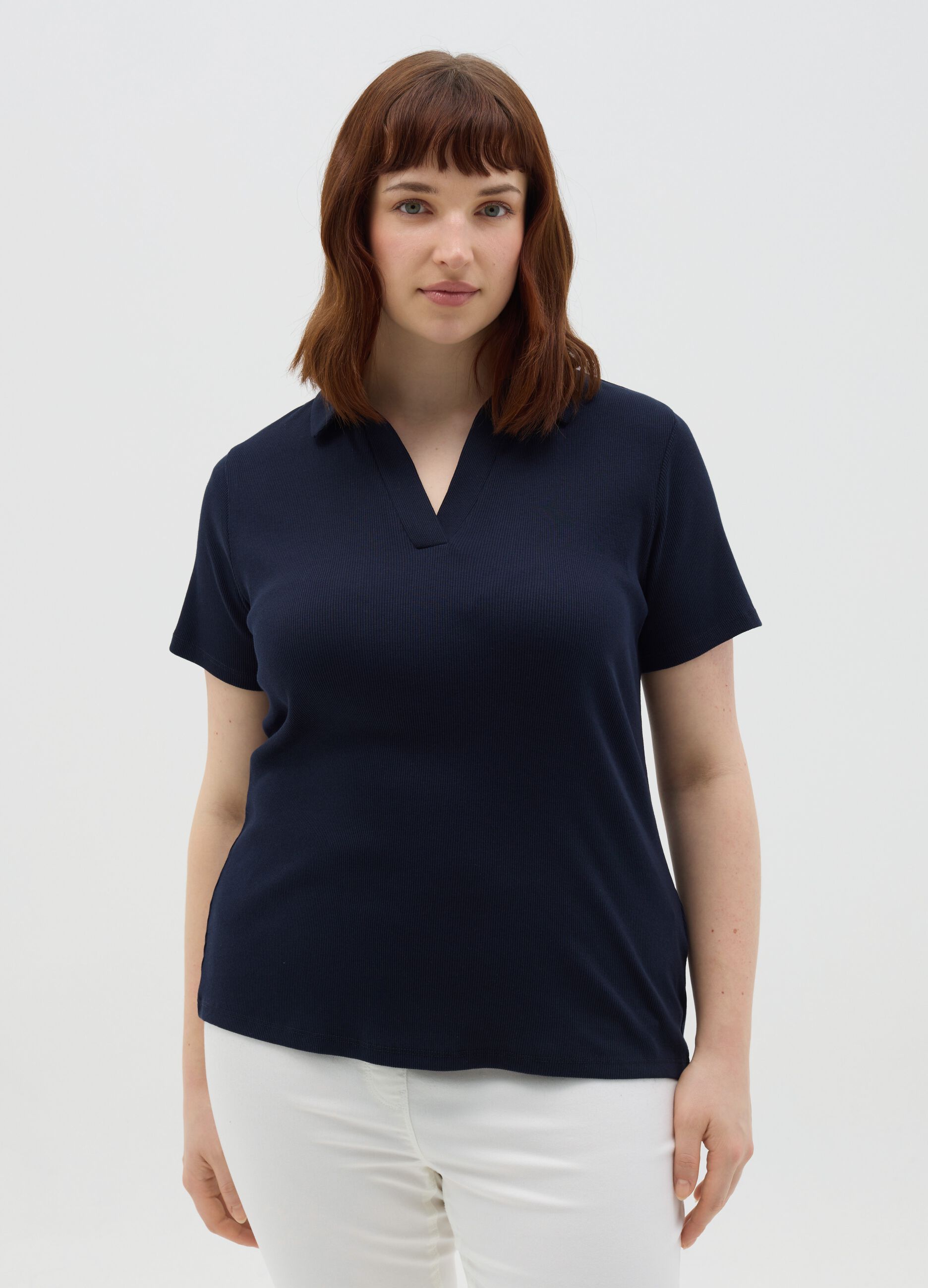 Curvy ribbed top with polo neckline