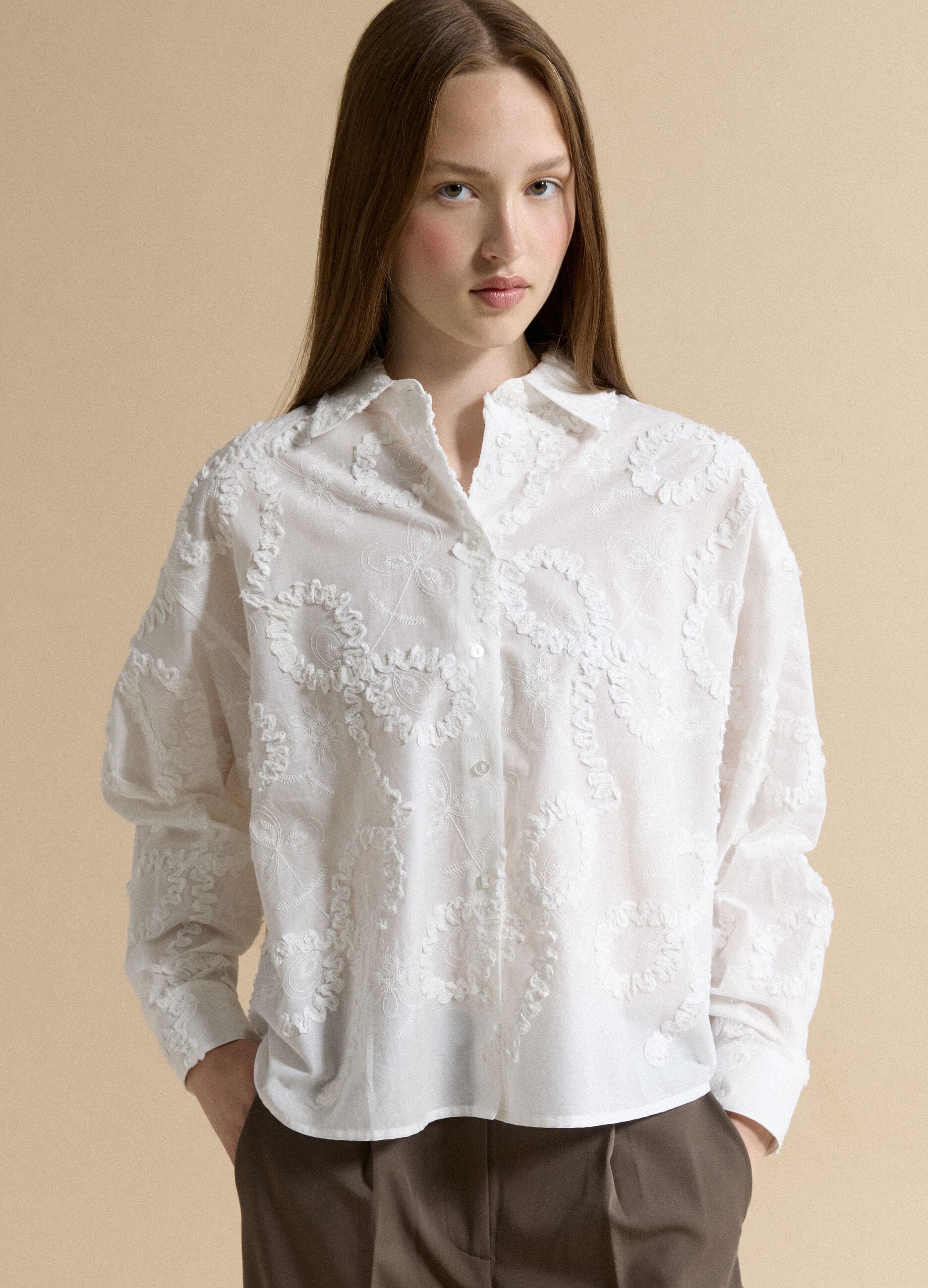White pure cotton shirt with floral embroidery, regular fit