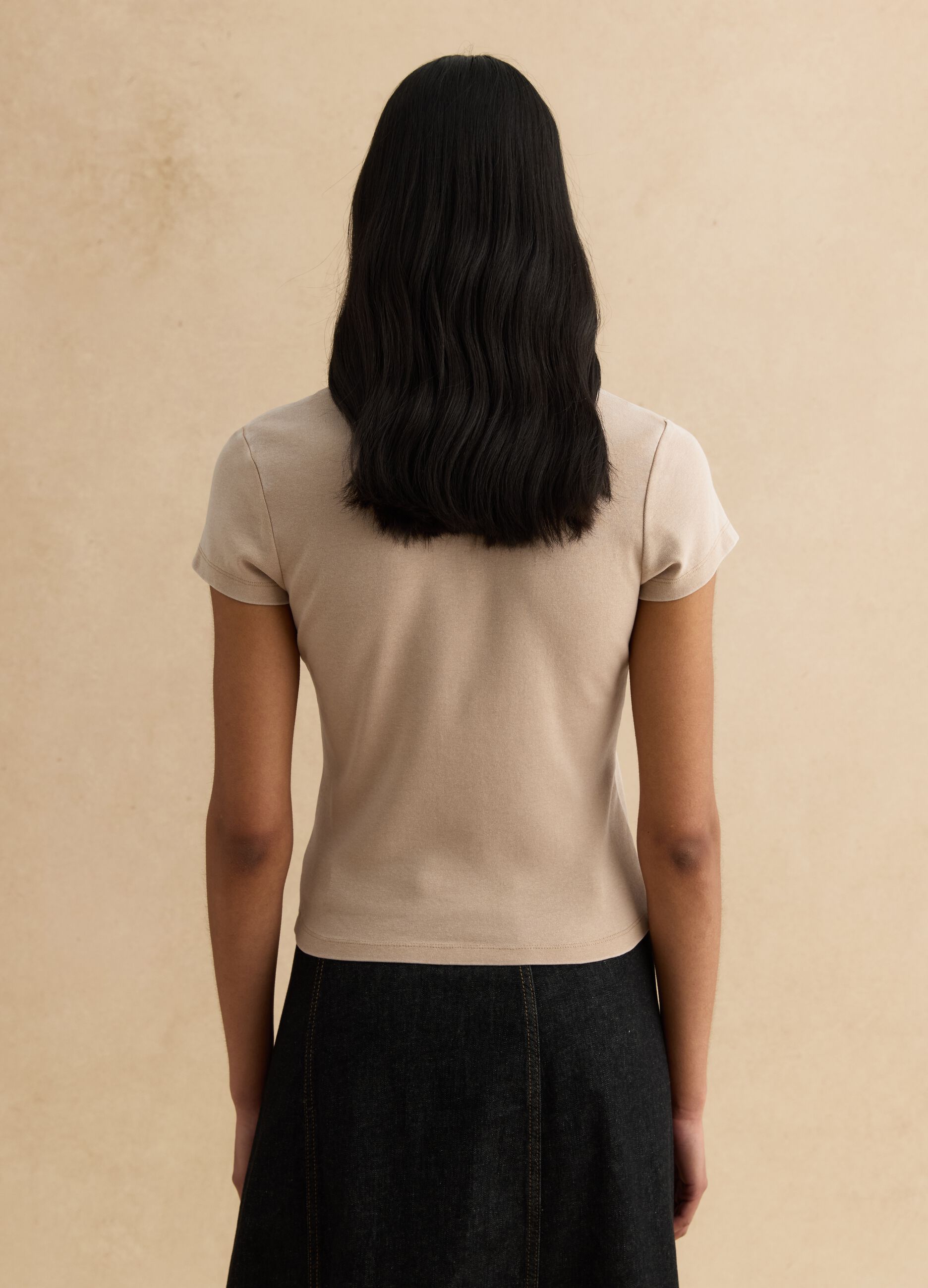 Beige stretch cotton fitted t-shirt