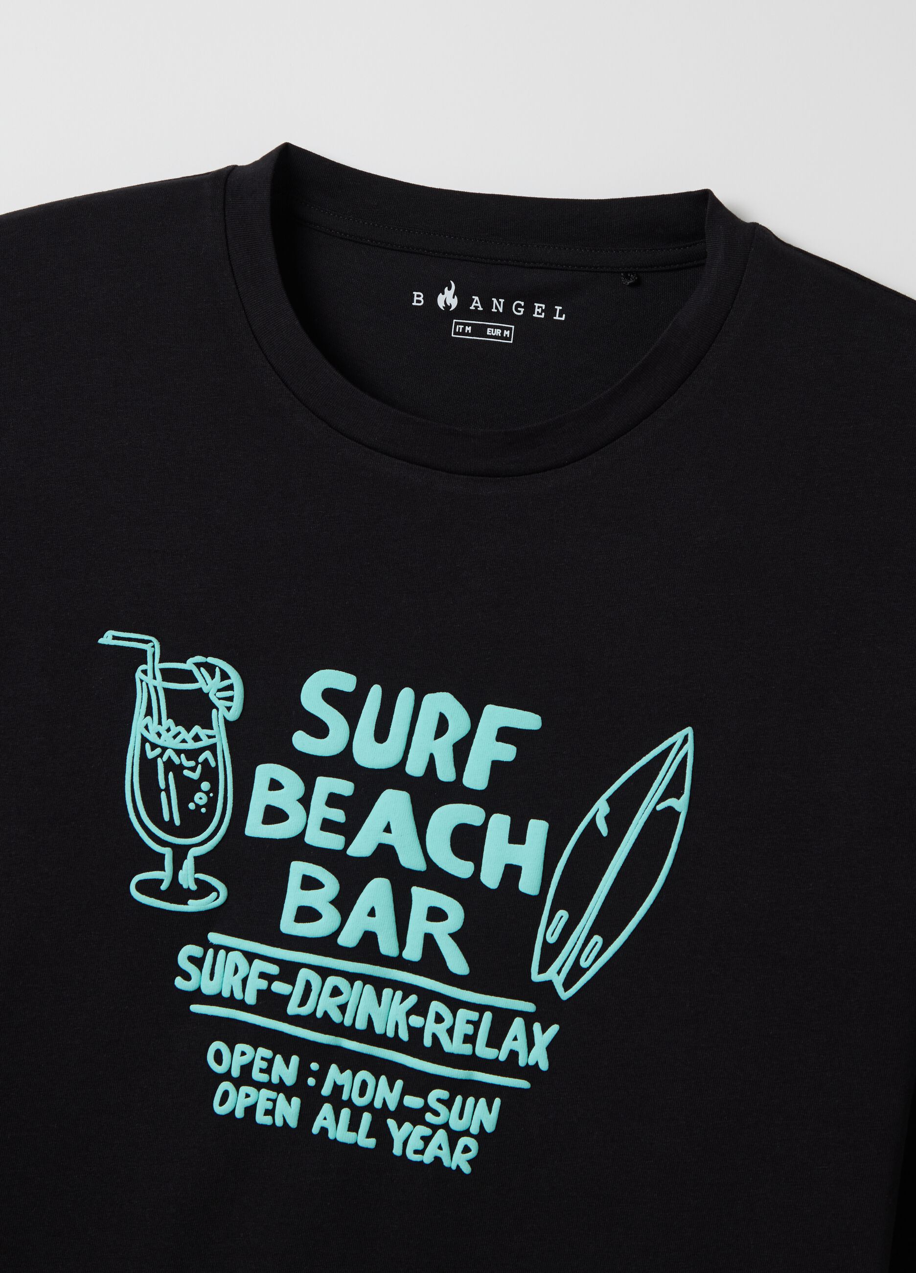 Black Short Sleeve T-shirt with Surf Beach Bar Print