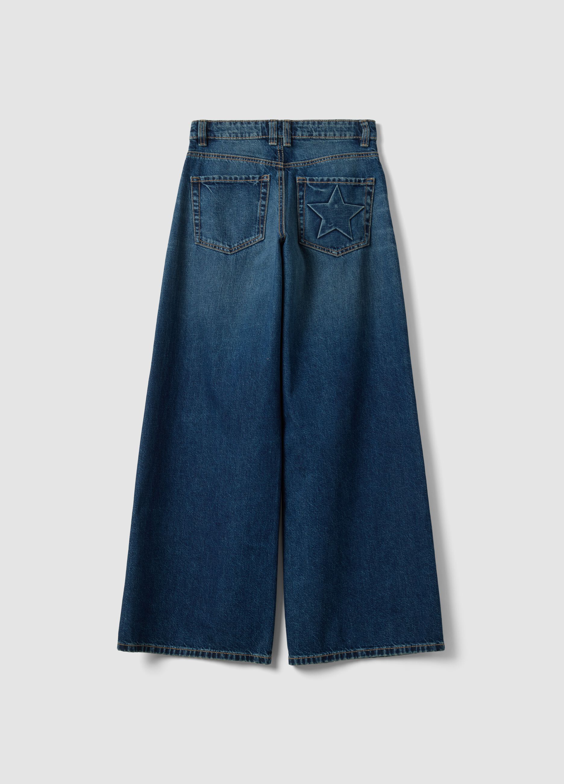 Jeans denim blu in puro cotone super wide leg