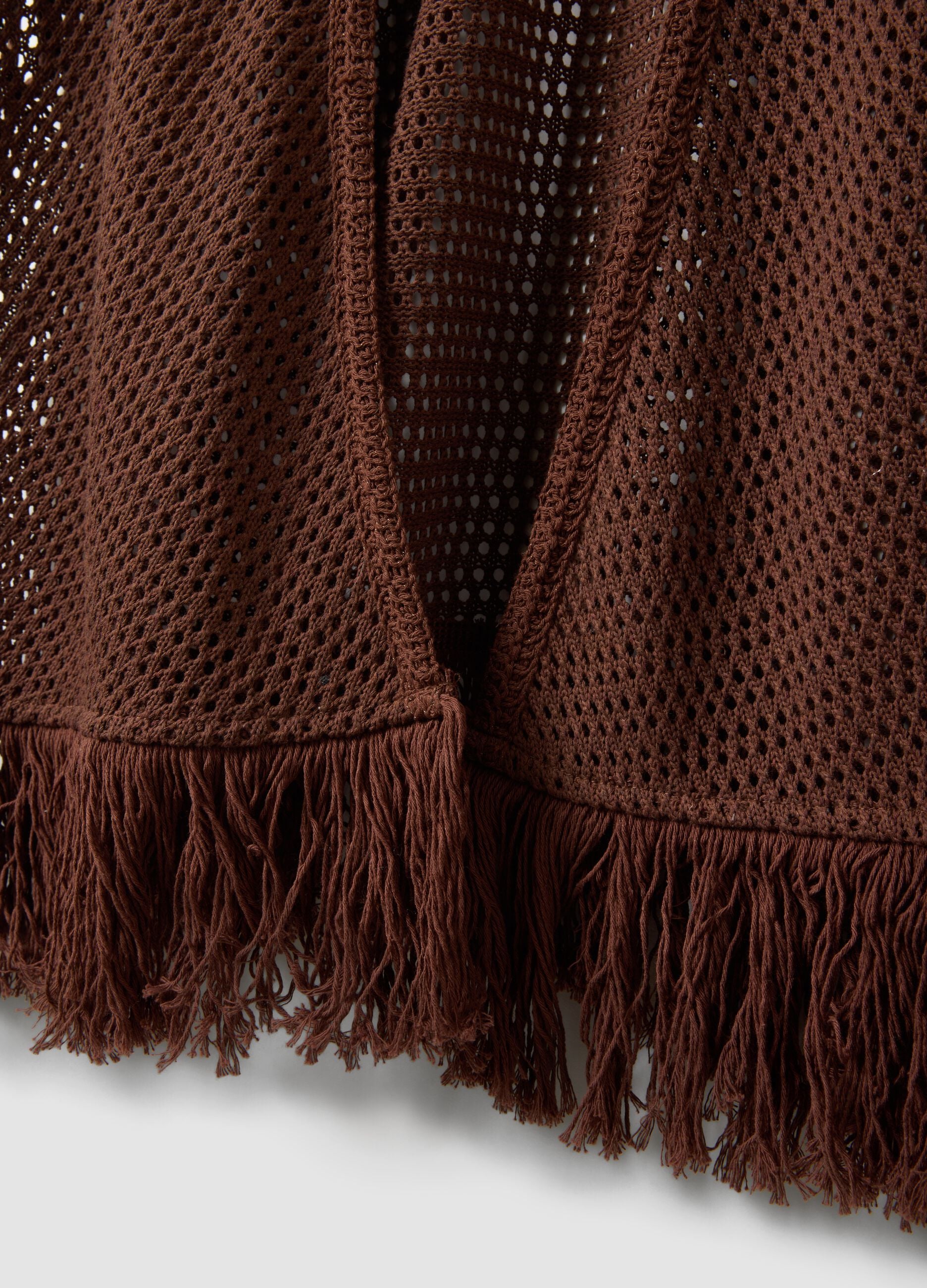 Cardigan marrone in misto viscosa a rete con frange