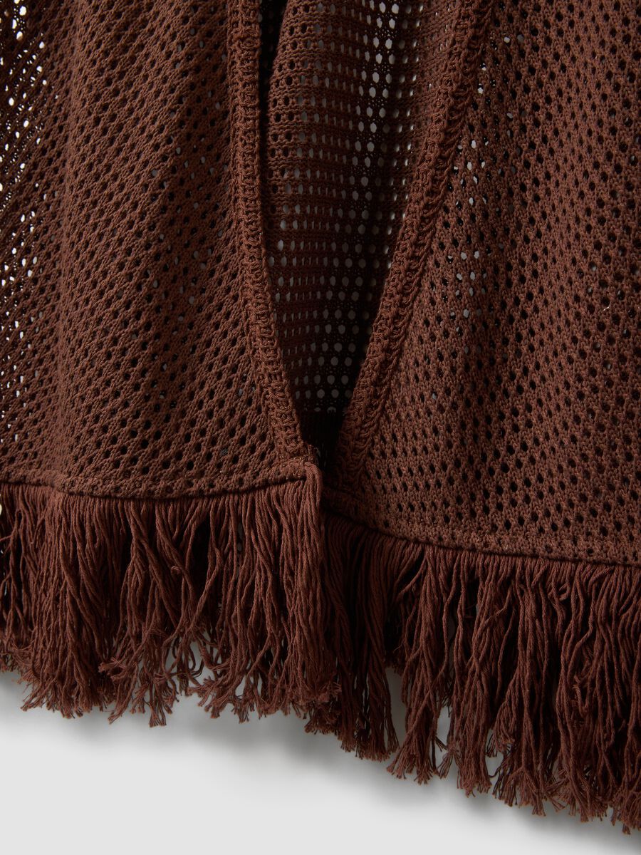 Cardigan marrone in misto viscosa a rete con frange_5