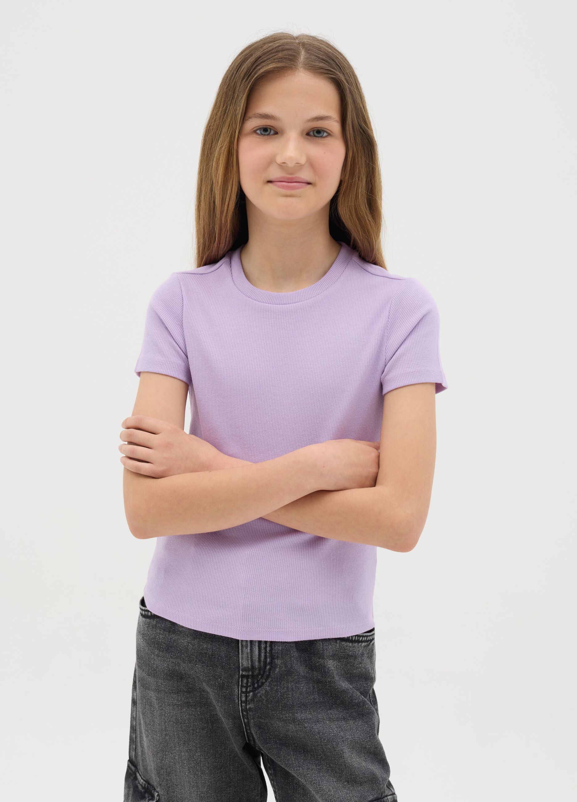 Girls’ purple fitted T-shirt in stretch cotton