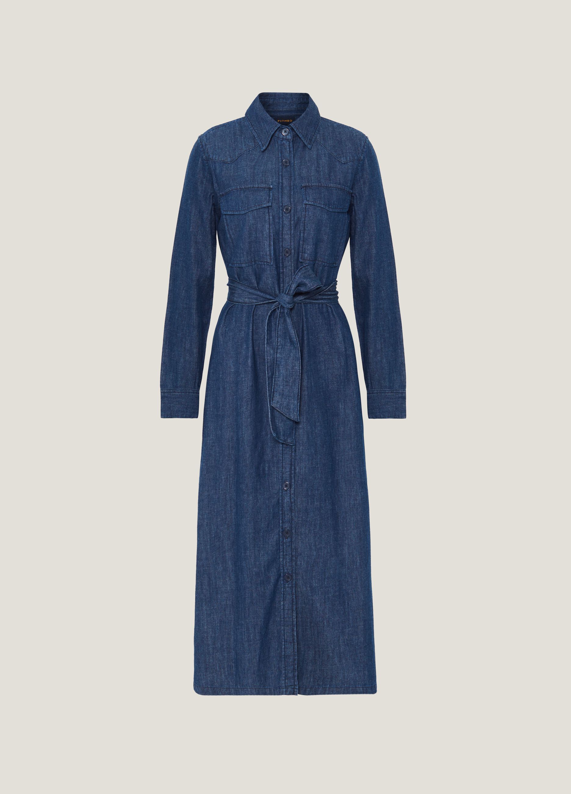 Abito lungo chemisier in denim con cintura