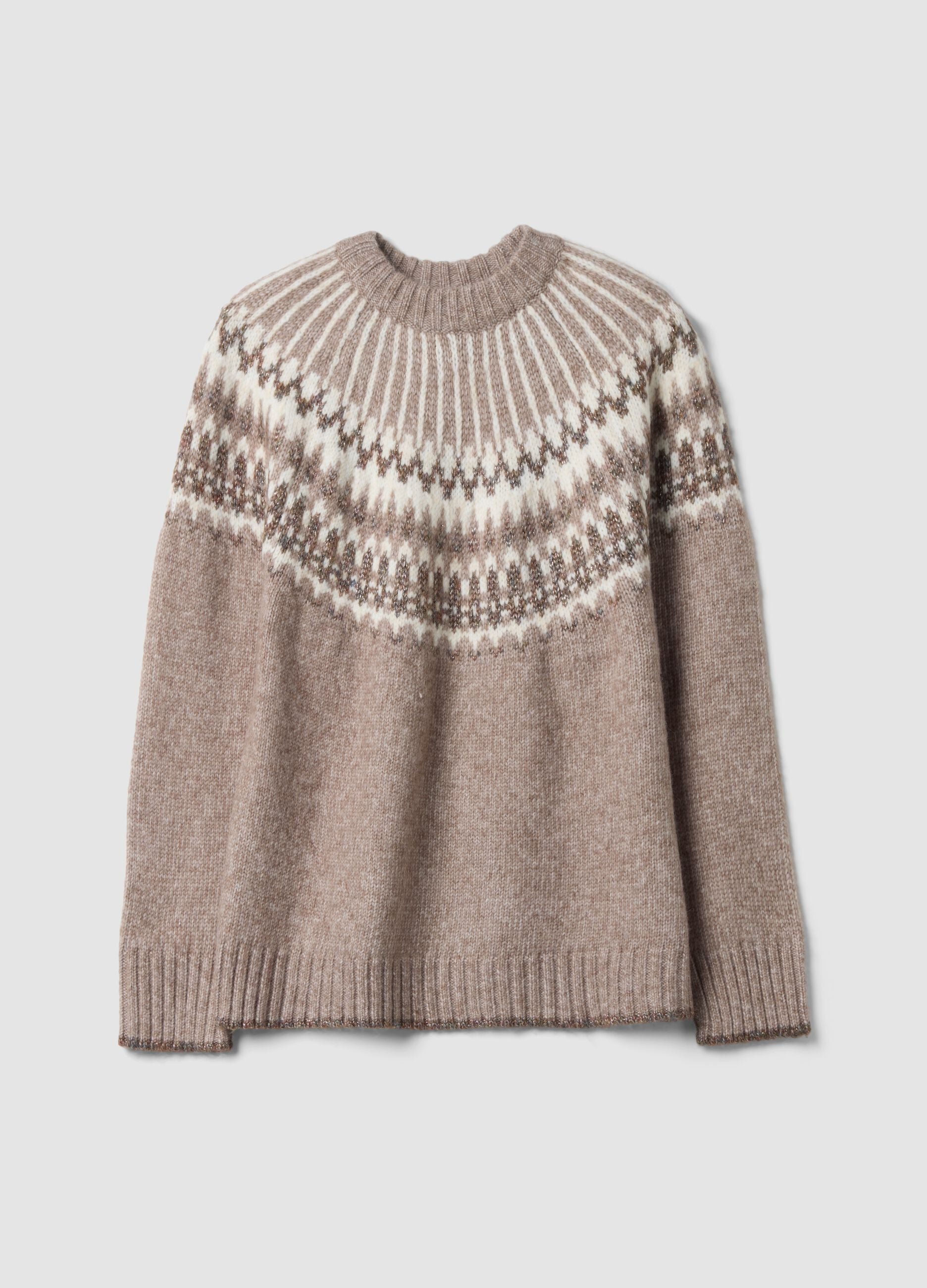 Beige jacquard crew-neck oversized jumper