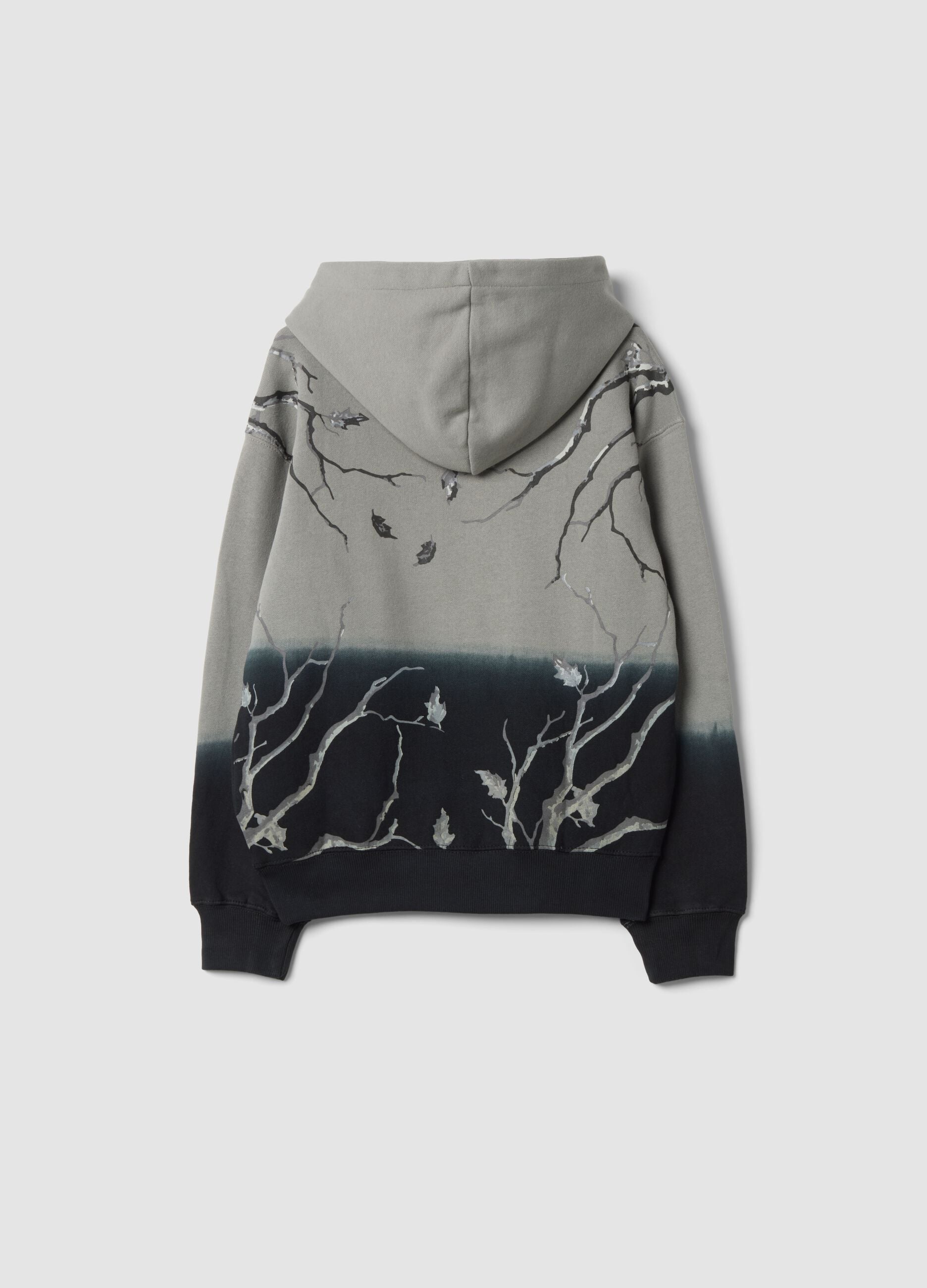 Light grey and navy cotton-blend hoodie with botanical print