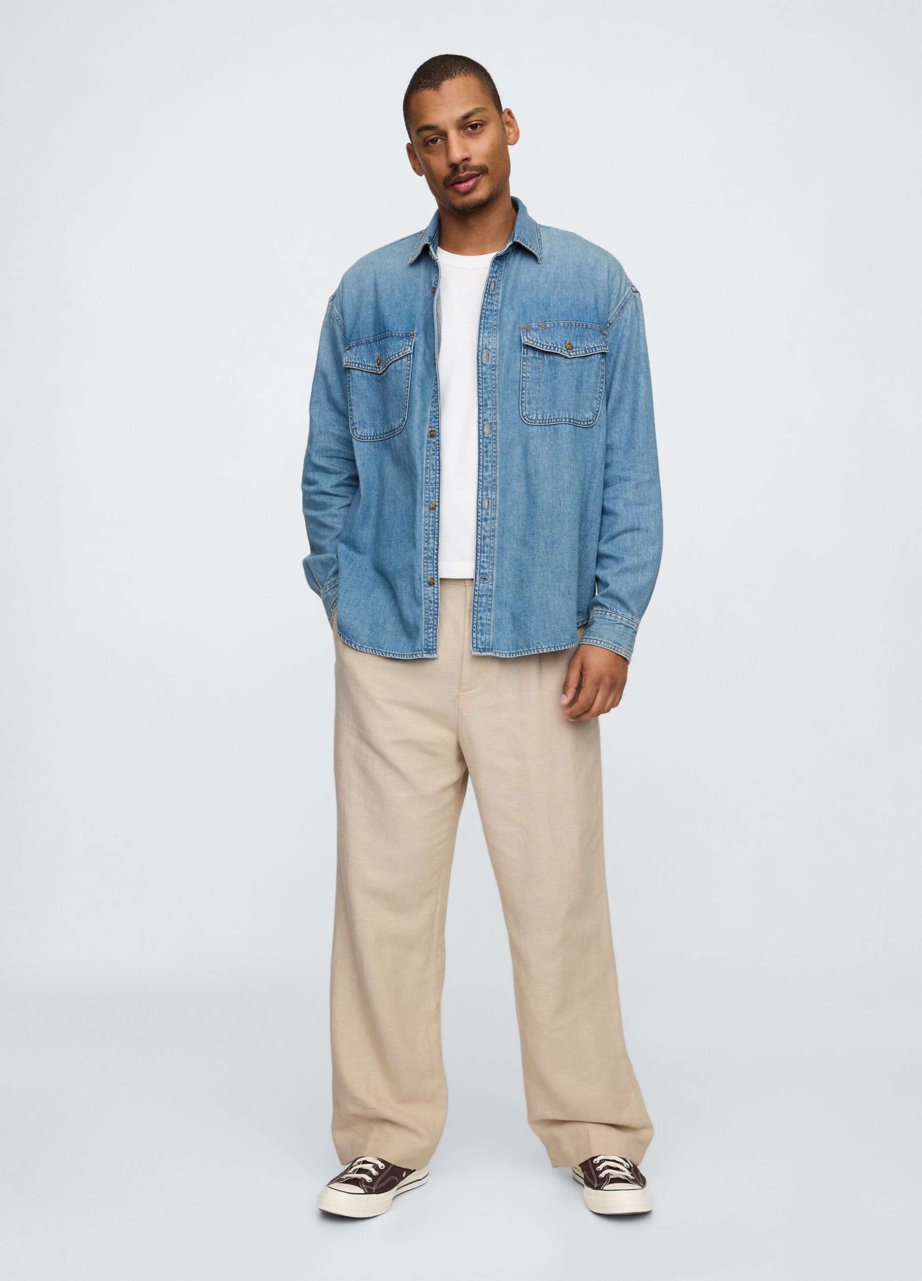 Beige wide leg trousers in linen and cotton