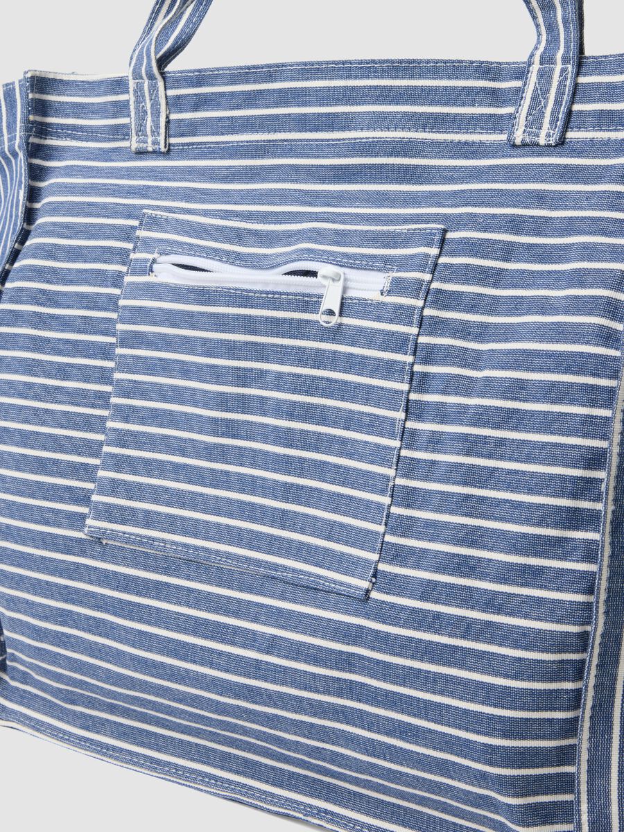 Borsa shopper blu a righe in puro cotone_2