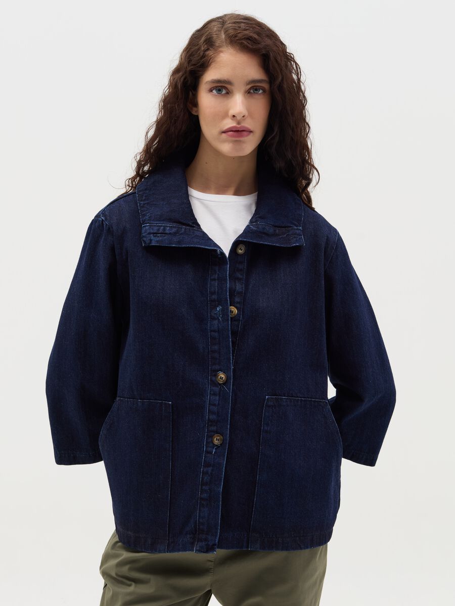 Short denim jacket with three-quarter sleeves_0