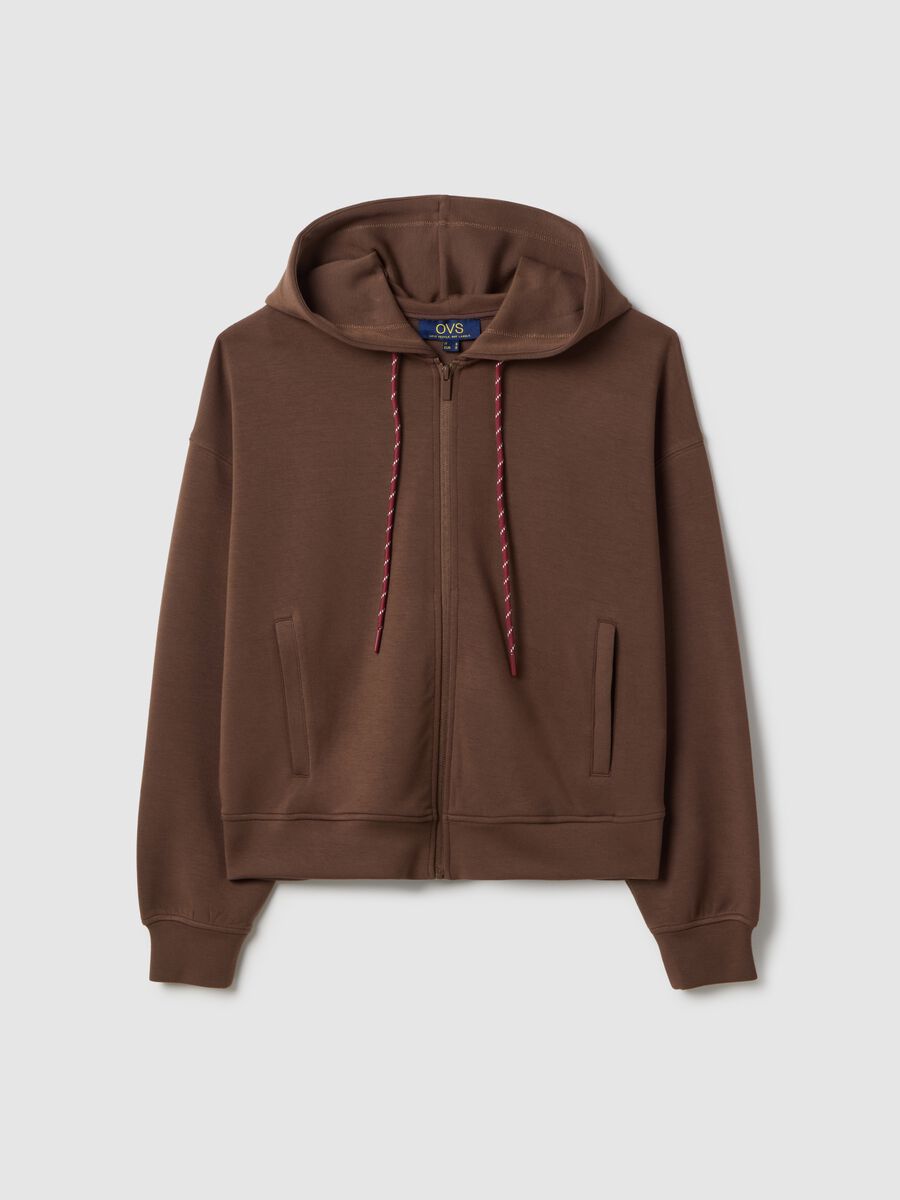 Brown modal blend regular fit hoodie with full zip_4