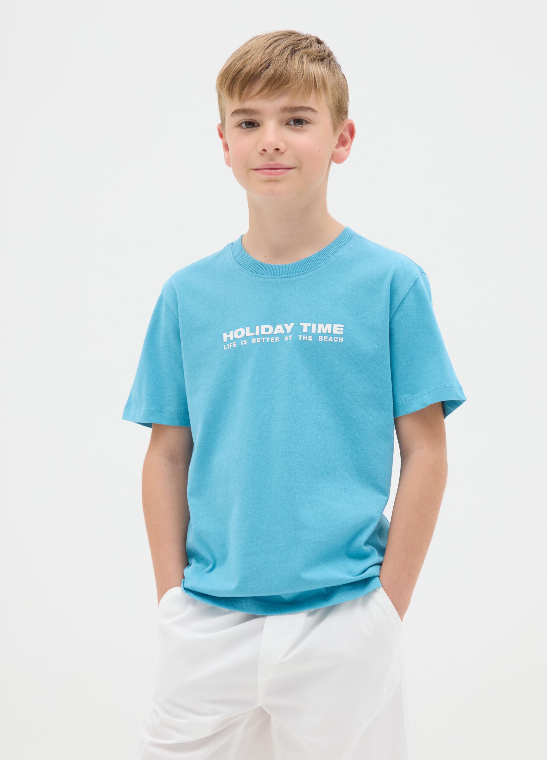 Boys' pure cotton azure blue regular fit t-shirt with print