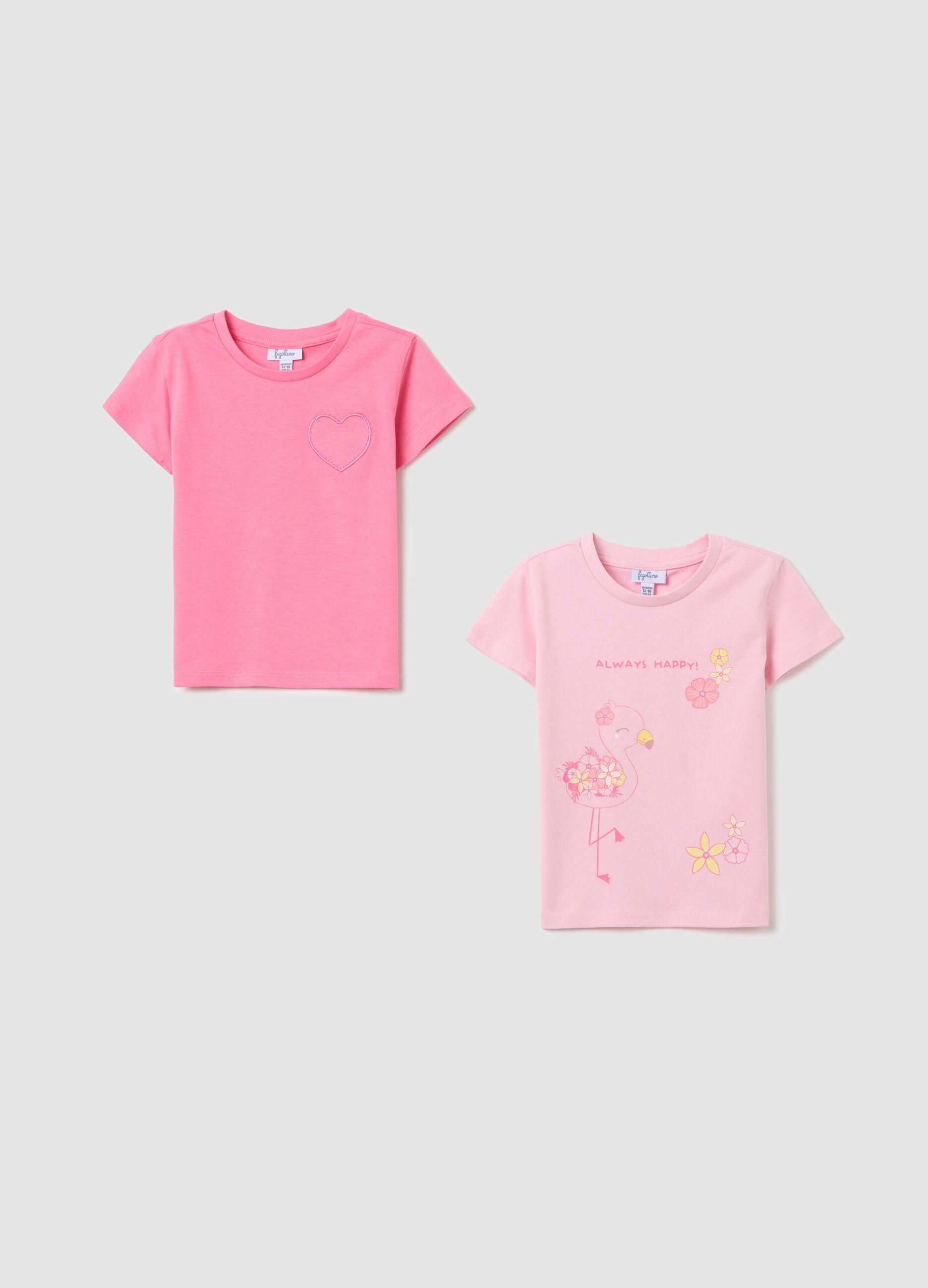 Two-pack pink T-shirts in cotton with print and embroidery