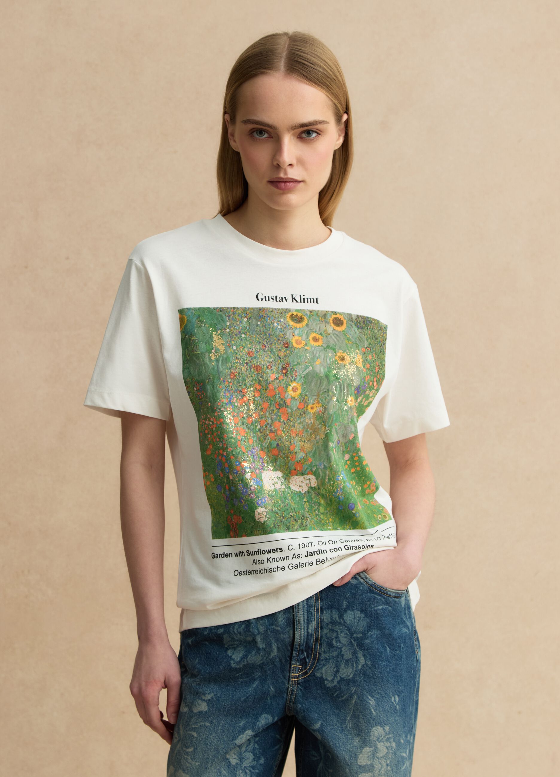 T-shirt in puro cotone bianca regular fit con stampa Klimt