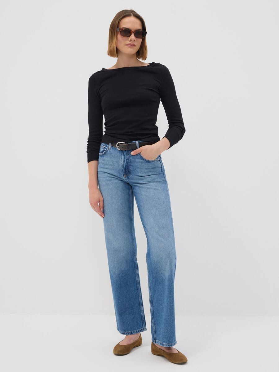 Light blue pure cotton high-waisted wide-leg denim jeans_0