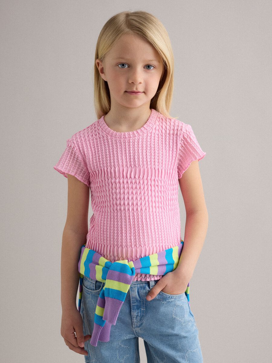 T-shirt a maniche corte rosa da bambina regular fit con texture a rete_1