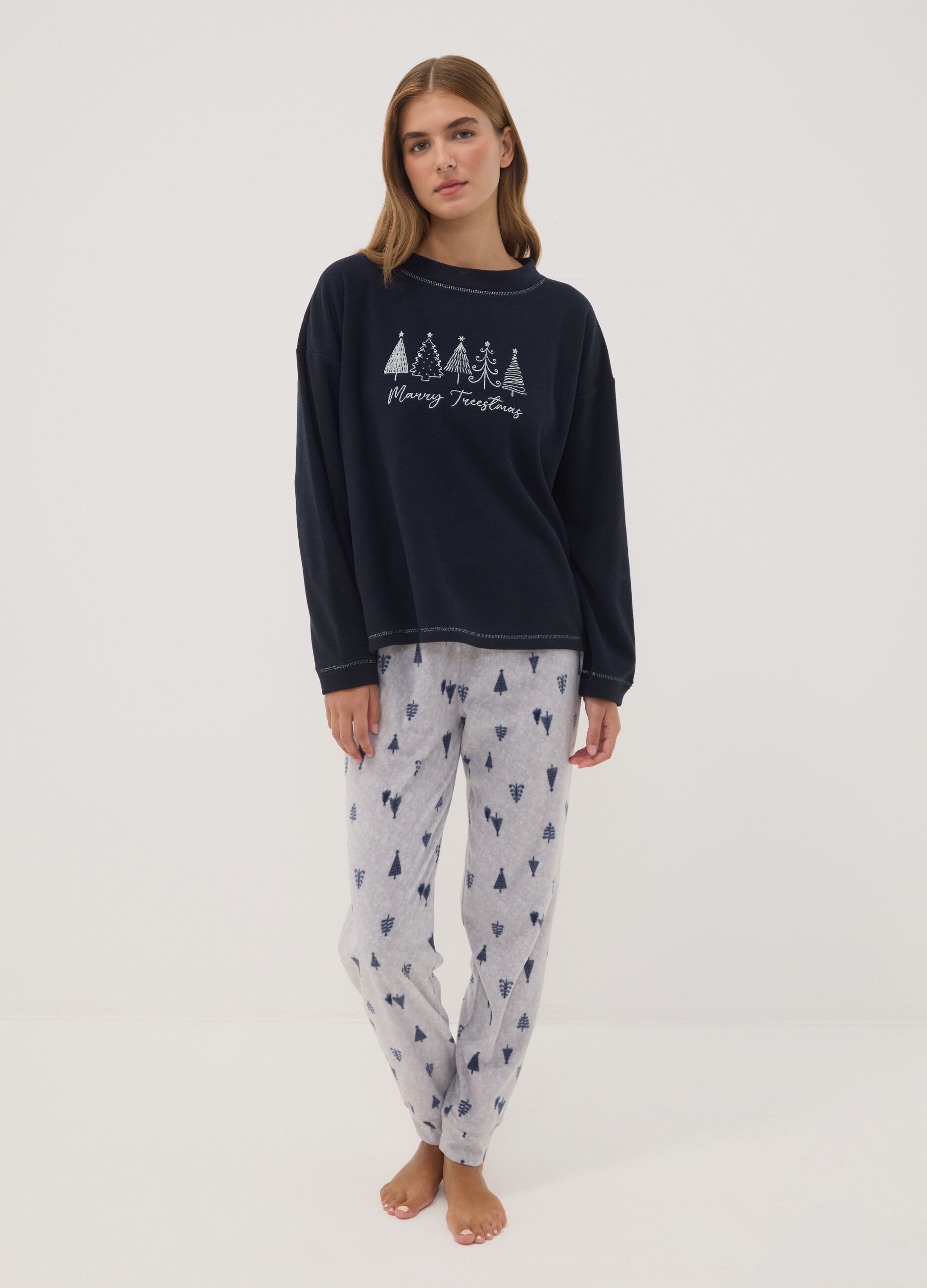 Pigiama blu notte in pile con girocollo e pantaloni stampati