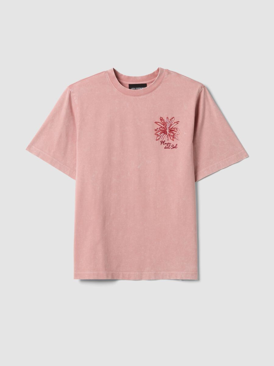 T-shirt rosa in puro cotone regular fit con ricamo e perline_0