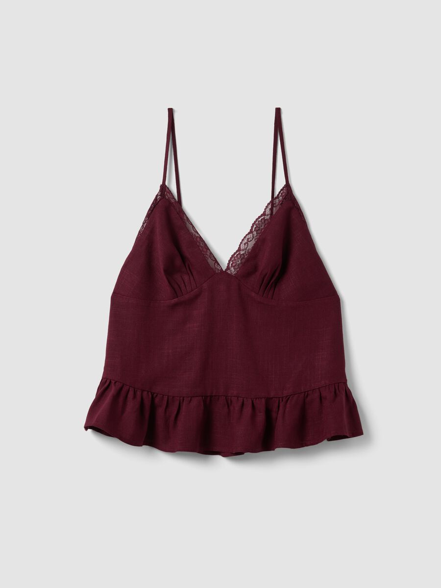 Burgundy viscose-linen blend lace top, regular fit_4