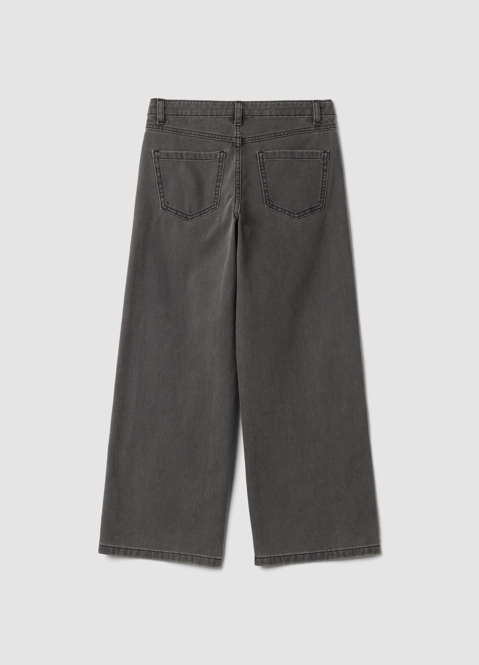 Grey wide-leg pure cotton jeans with rhinestones