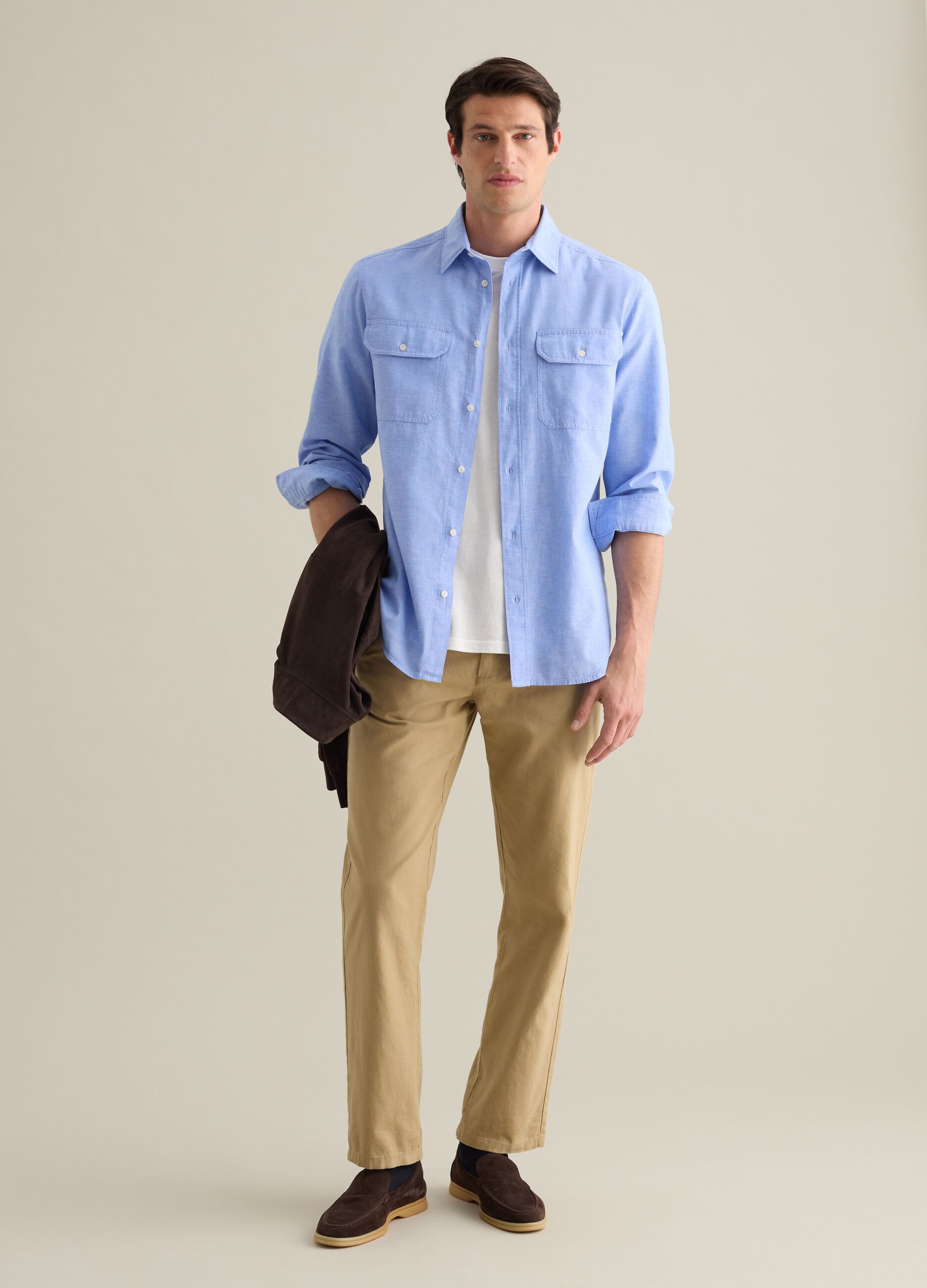 Classic Shirt in Cotton and Linen Blend Piombo
