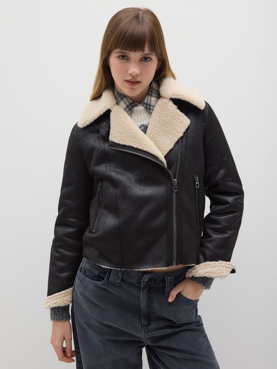 Black padded biker jacket, regular fit with zip_1