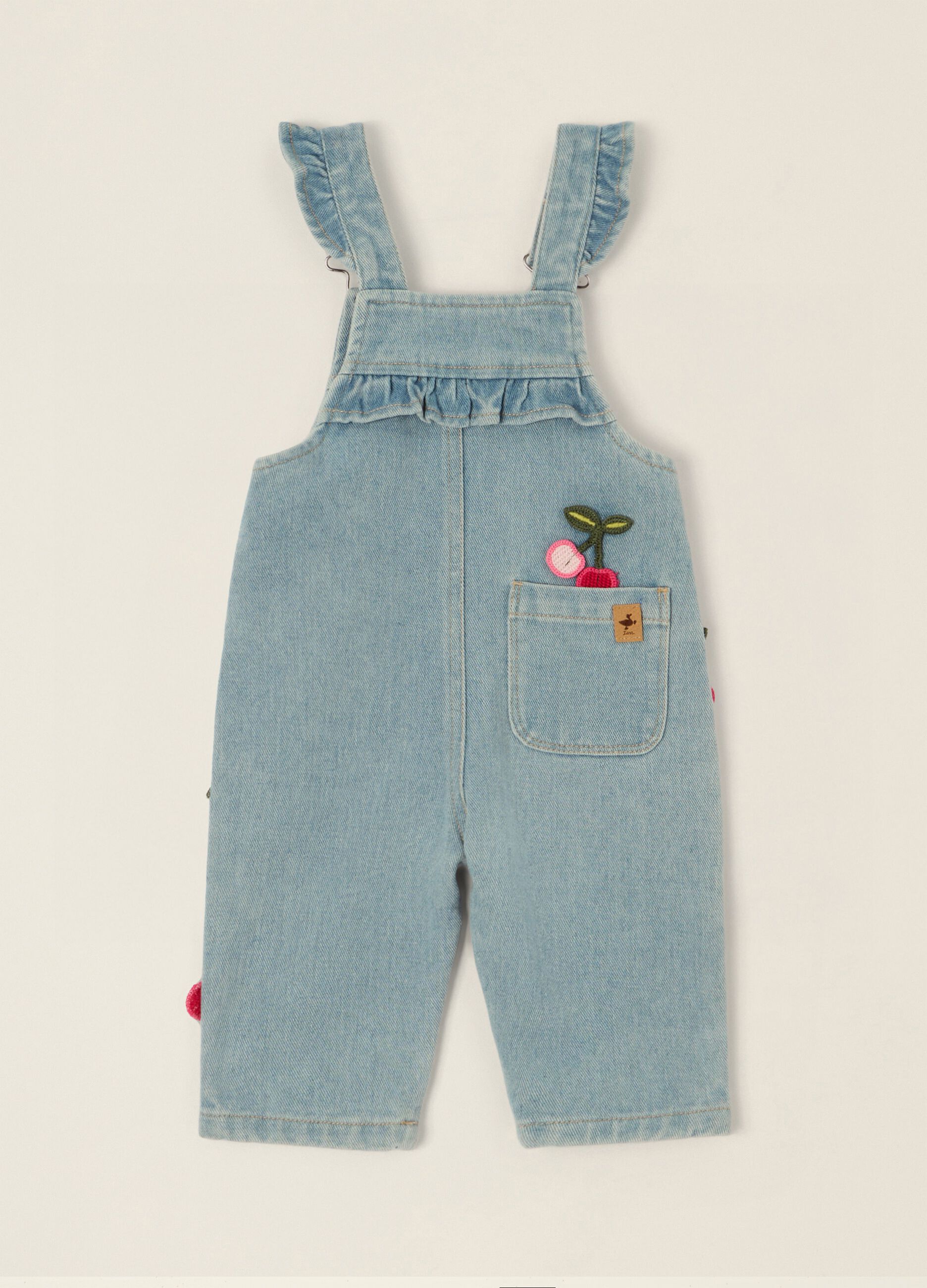 Baby Girls&rsquo; Denim Dungarees with Cherry Embroidery in Viscose Blend