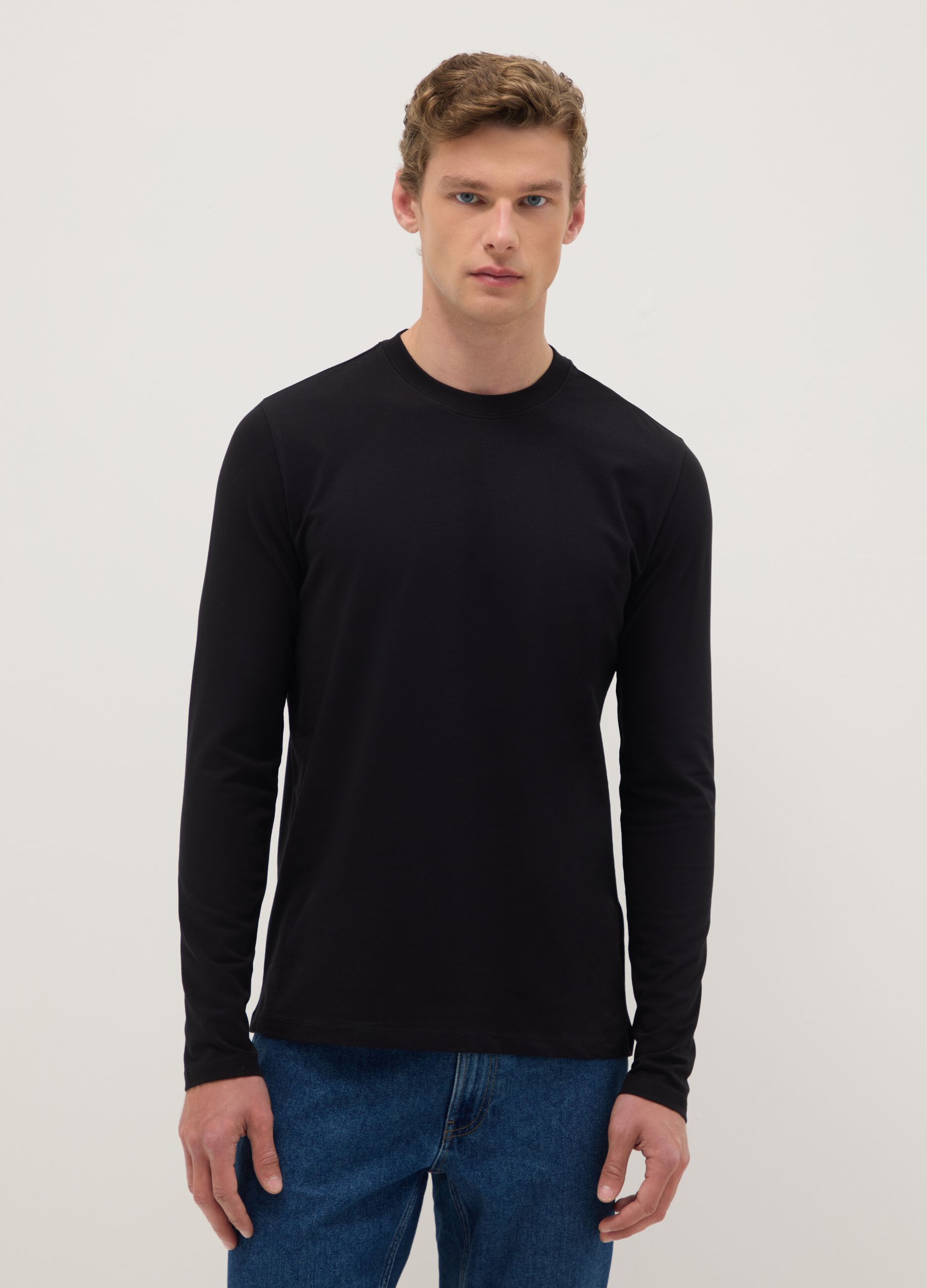 Black long sleeve cotton stretch regular fit t-shirt