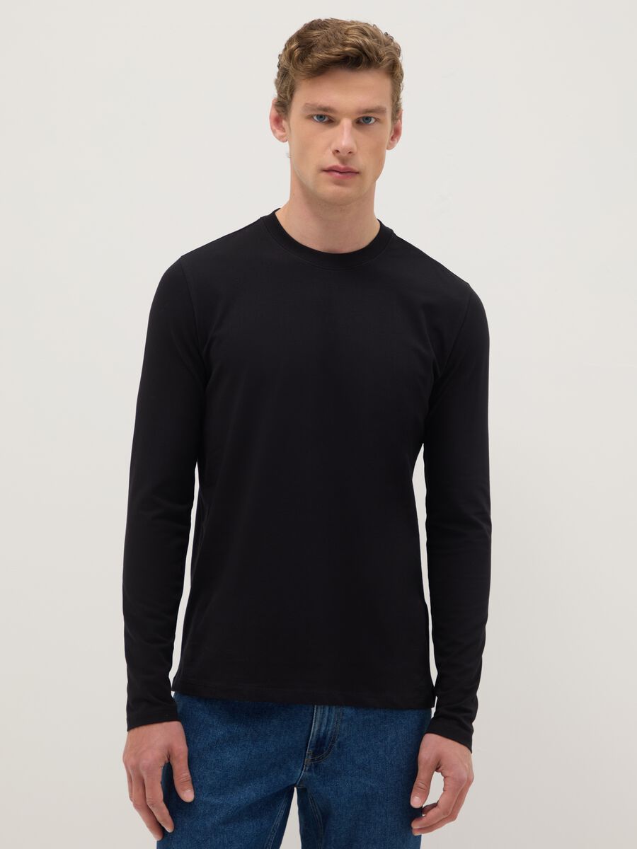 Black long sleeve cotton stretch regular fit t-shirt_0