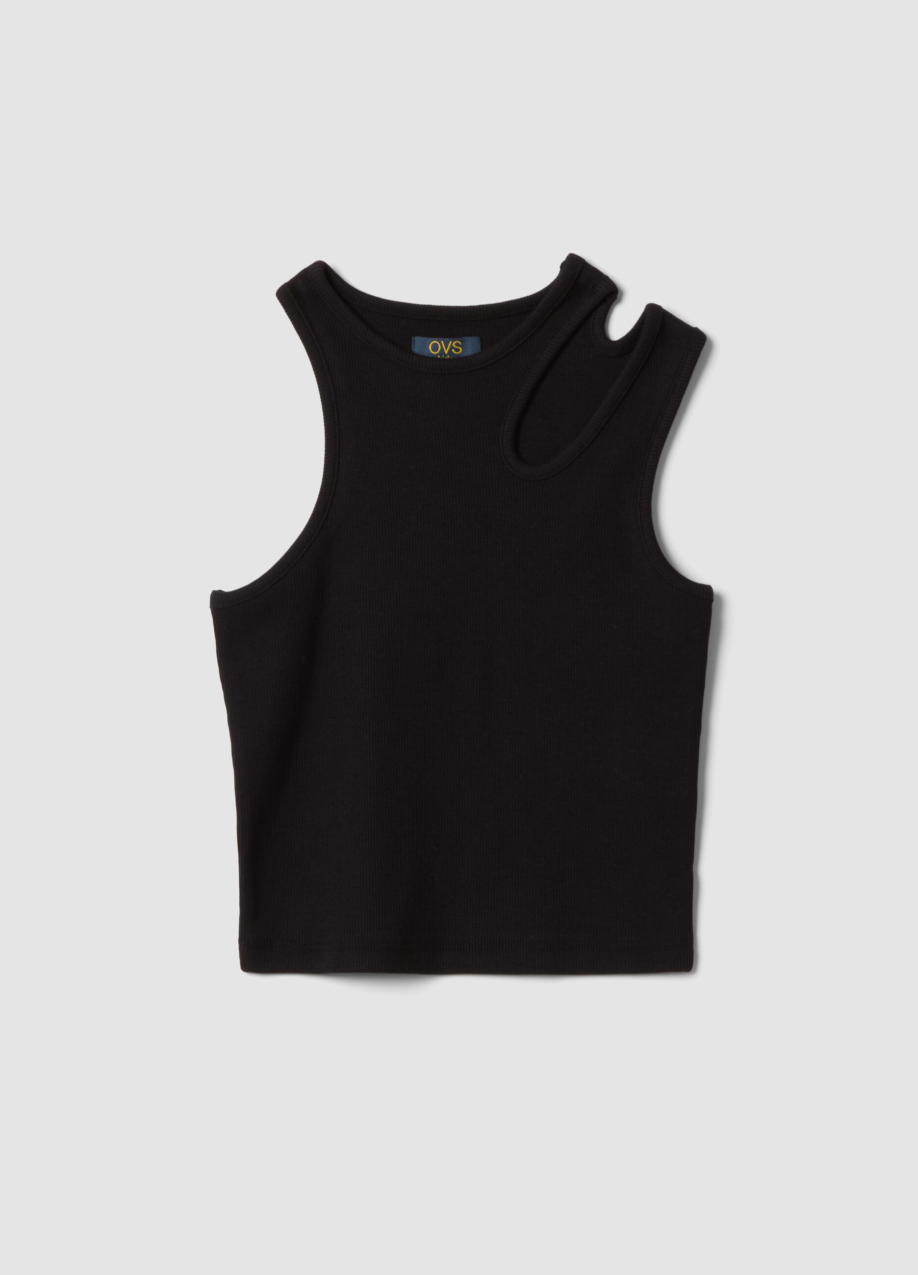 Black organic cotton tank top with asymmetric shoulder