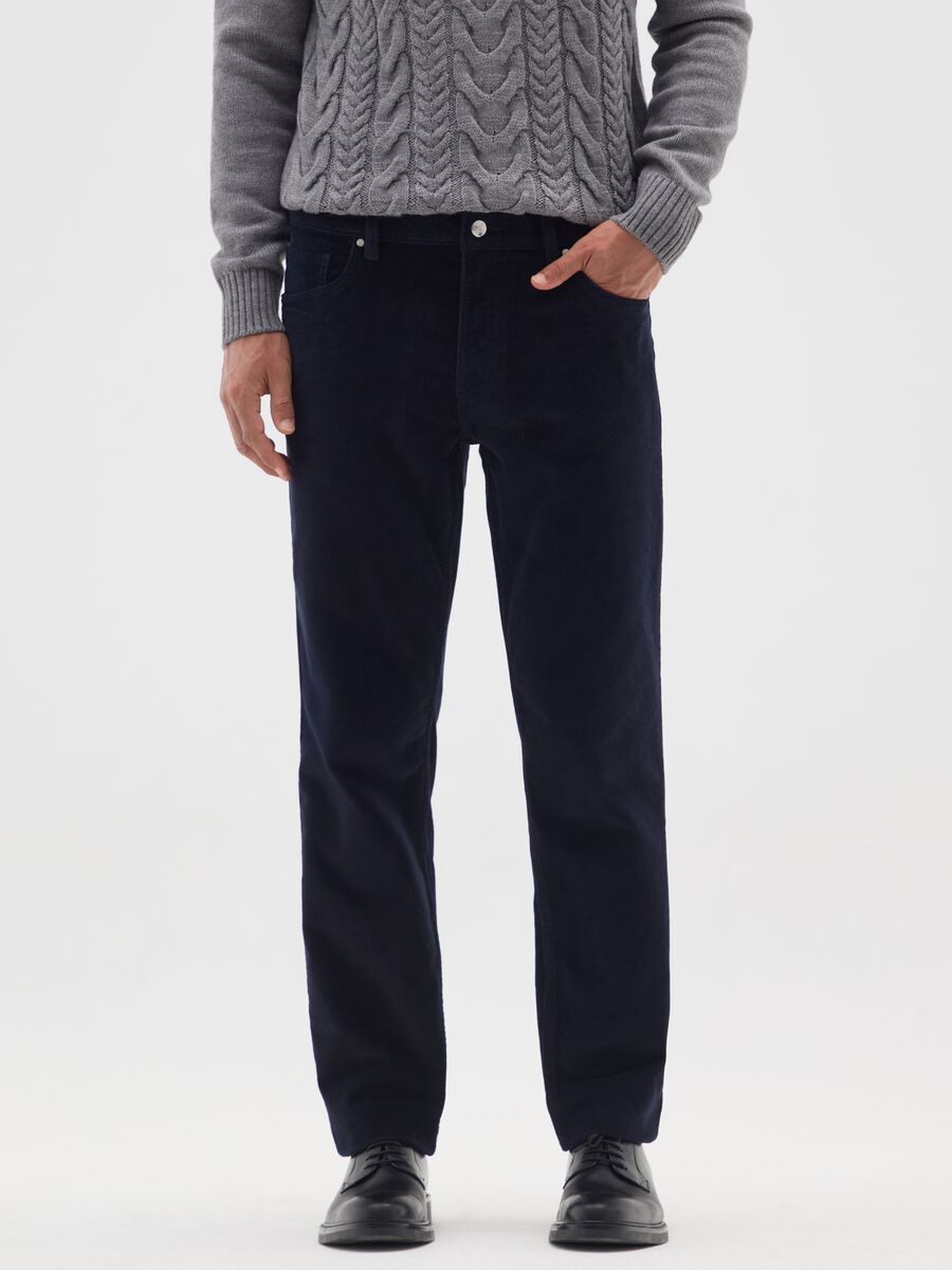 Pantaloni in cotone elasticizzato blu slim fit a coste_1