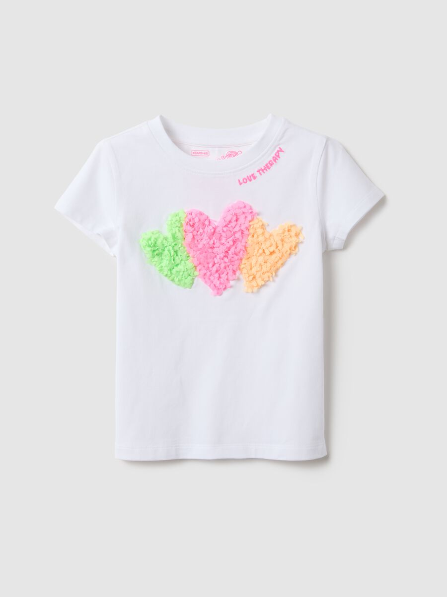 Girls' white stretch cotton regular fit T-shirt with hearts_0