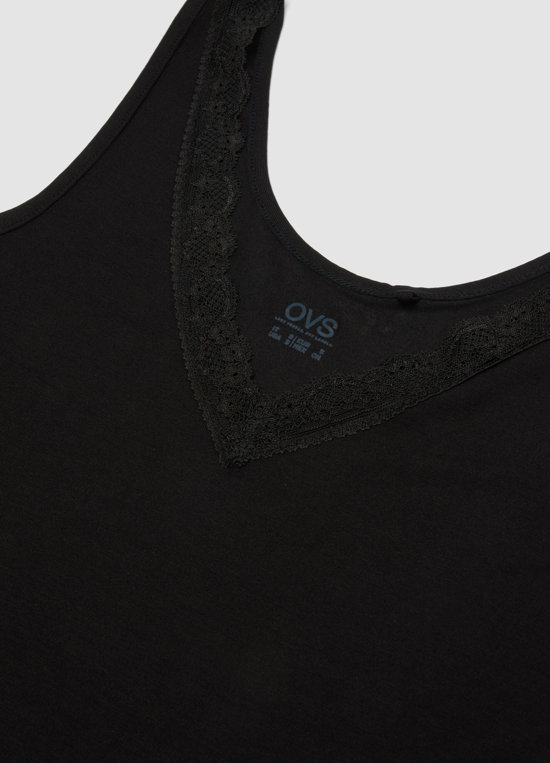 Black stretch viscose vest top with deep V-neck lace trim
