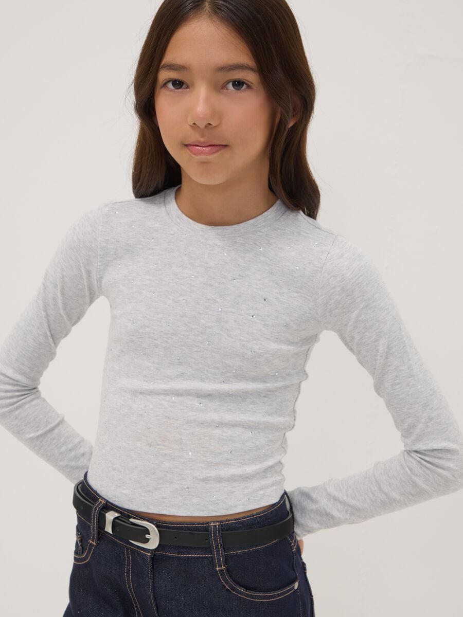 T-shirt grigia in cotone organico e viscosa elasticizzata con strass_0
