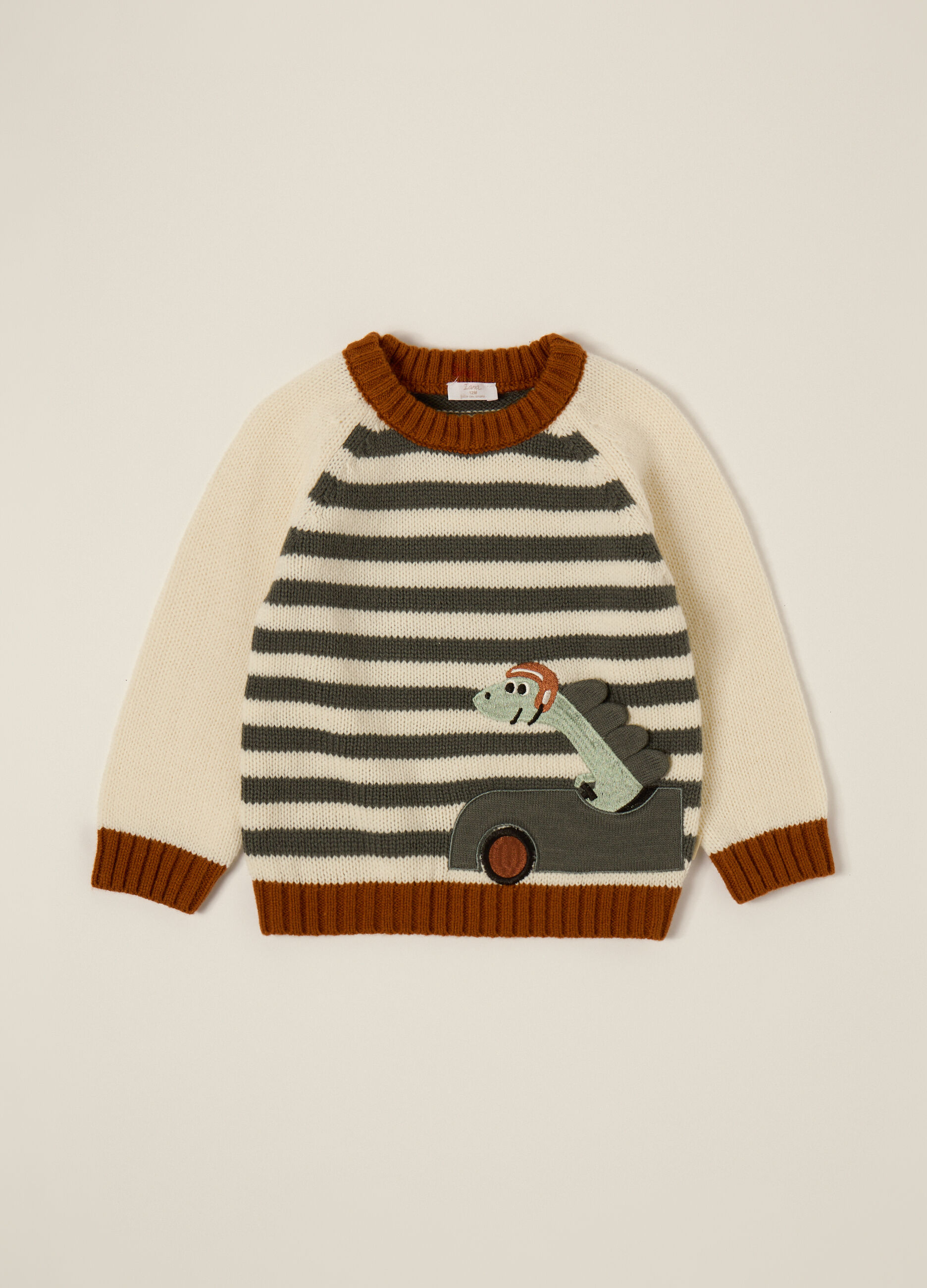 Multicolour sweater with dinosaur applique